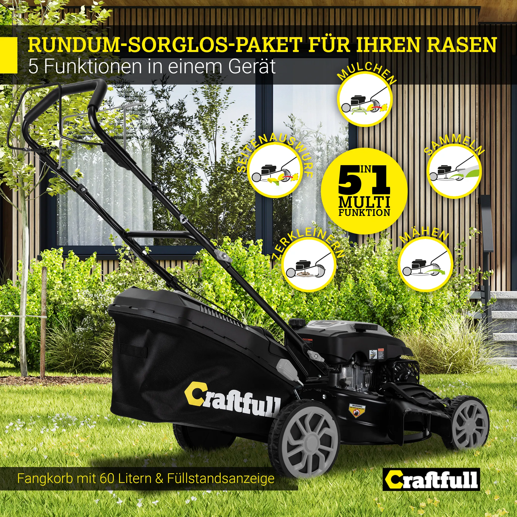 Craftfull Premium Benzin-Rasenmäher CR-196-30 | Selbstfahrantrieb - 53 cm Schnittbreite - 4 in 1 - Mähen - Mulchen - Heck- & Seitenauswurf - klappbar – Bild 5