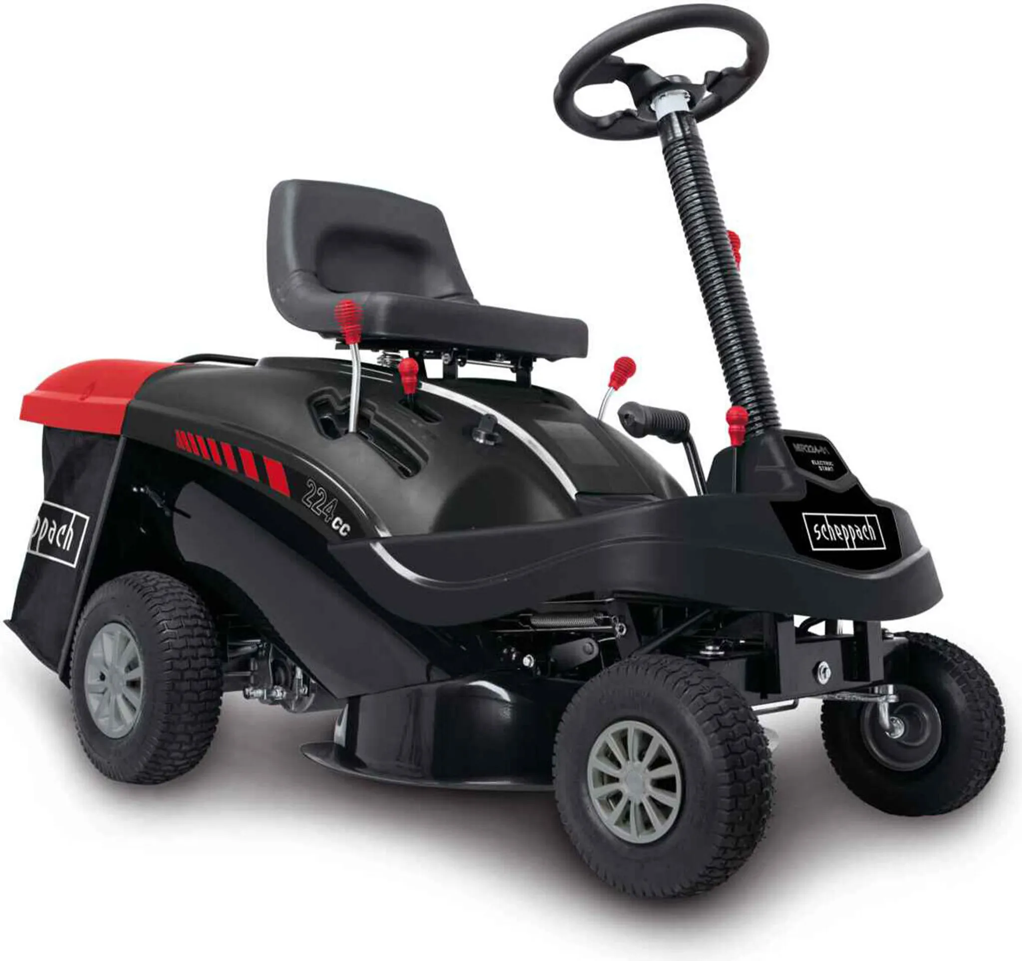 Scheppach Benzin Aufsitzmäher MR224-61 | 6,8PS | Schnittbreite 61cm | 5-Fach Höhenverstellung | E-Start | 150 L | 4X Vorwärts / 1xRückwärtsgang