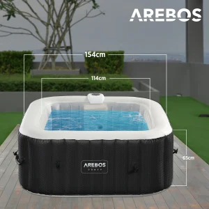 AREBOS Whirlpool, In- & Outdoor, mit LED, aufblasbar, quadratisch, 600 L, 4 Personen, 154 x 154 cm, 100 Massagedüsen, mit Heizung, Inkl. Abdeckung