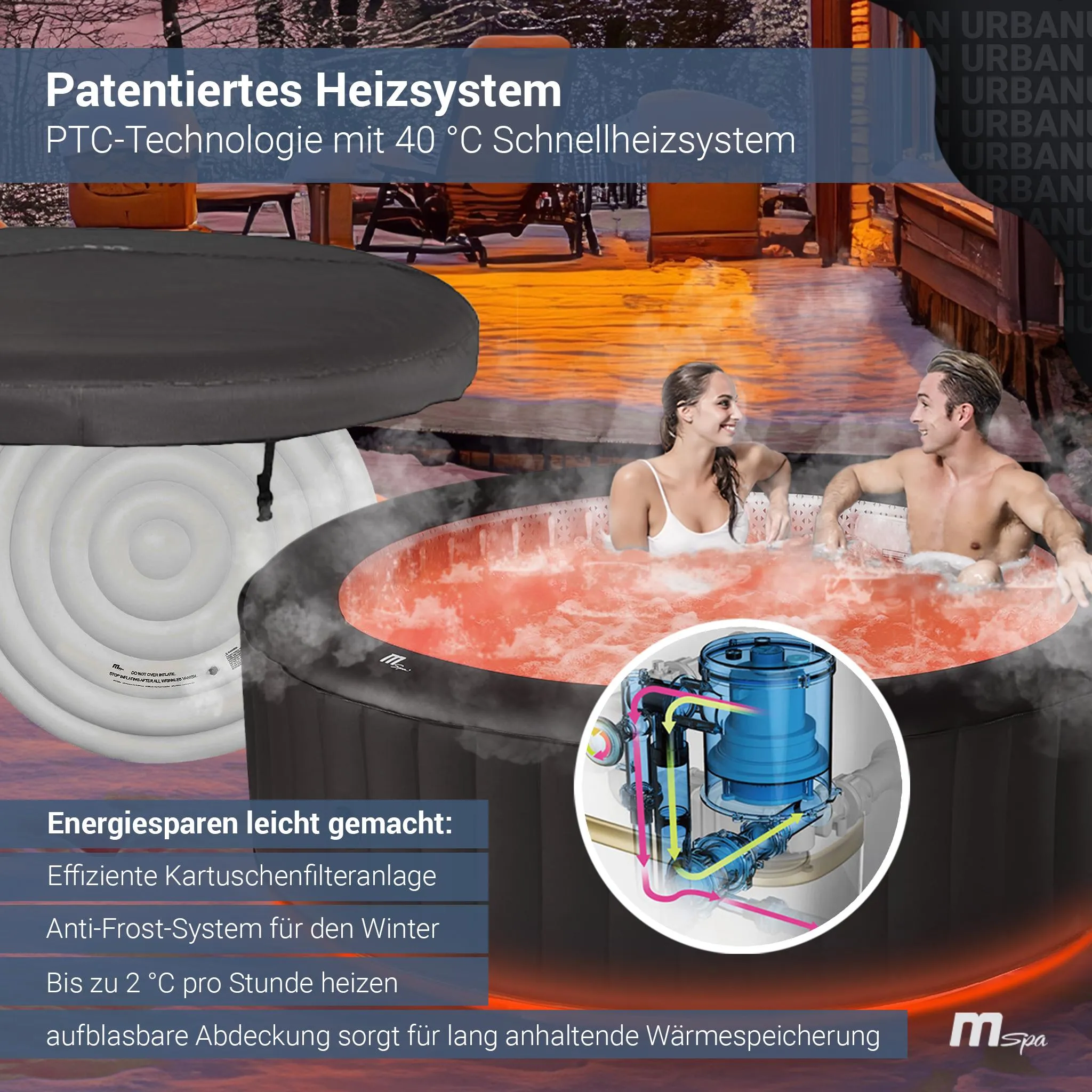 MSpa Whirlpool Urban Aurora | 6 Personen Pool - aufblasbar - UVC+ Filter - LED RGB Band - Ozon-Desinfektion - Anti-Frost - mit Zubehör - 204 x 70 cm – Bild 7