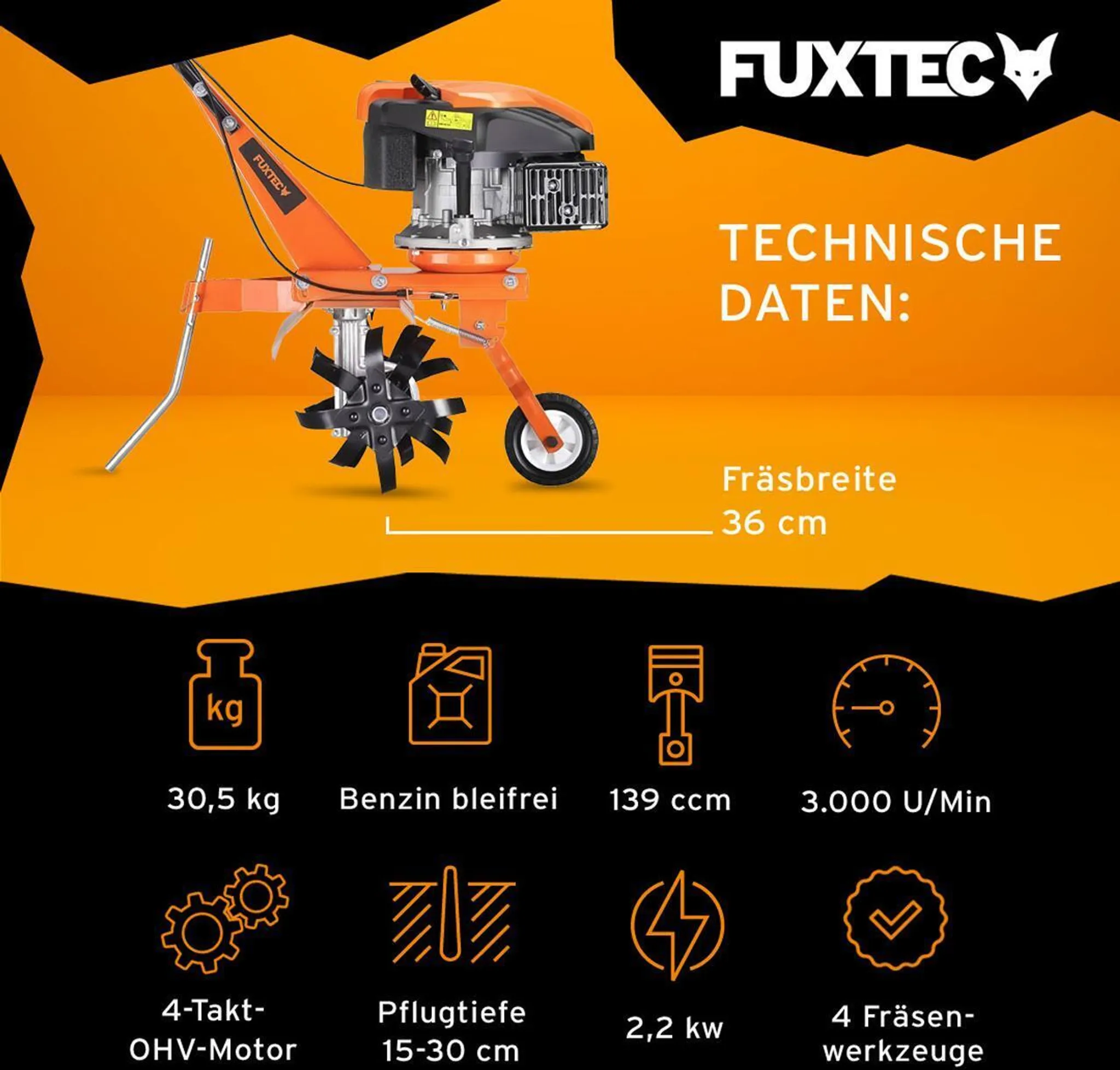 FUXTEC Ackerfräse FX-AF1139 - 36cm Breite | 4- Takt | 139ccm | 30,5kg | 1,2L | 2,2kw | Easy-Starter (Seilzug) – Bild 3