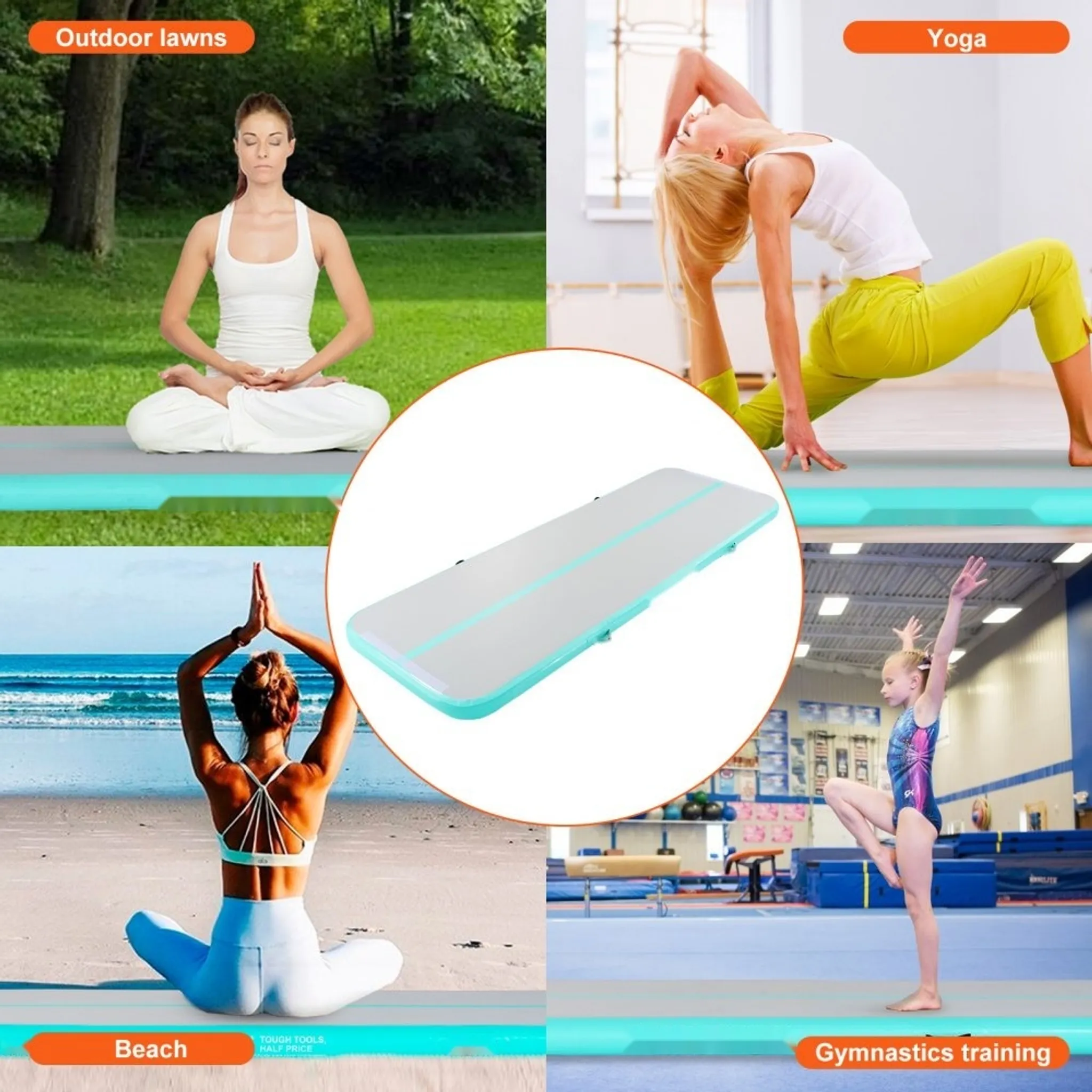Gymnastik-Luftmatte - 10 cm Dick - Aufblasbare Gymnastikmatte - Tumbling-Matte mit Elektrischer Pumpe - Trainingsmatte für Zuhause/Fitnessstudio/Yoga/Cheerleading - Grün - Strand/Park – Bild 6