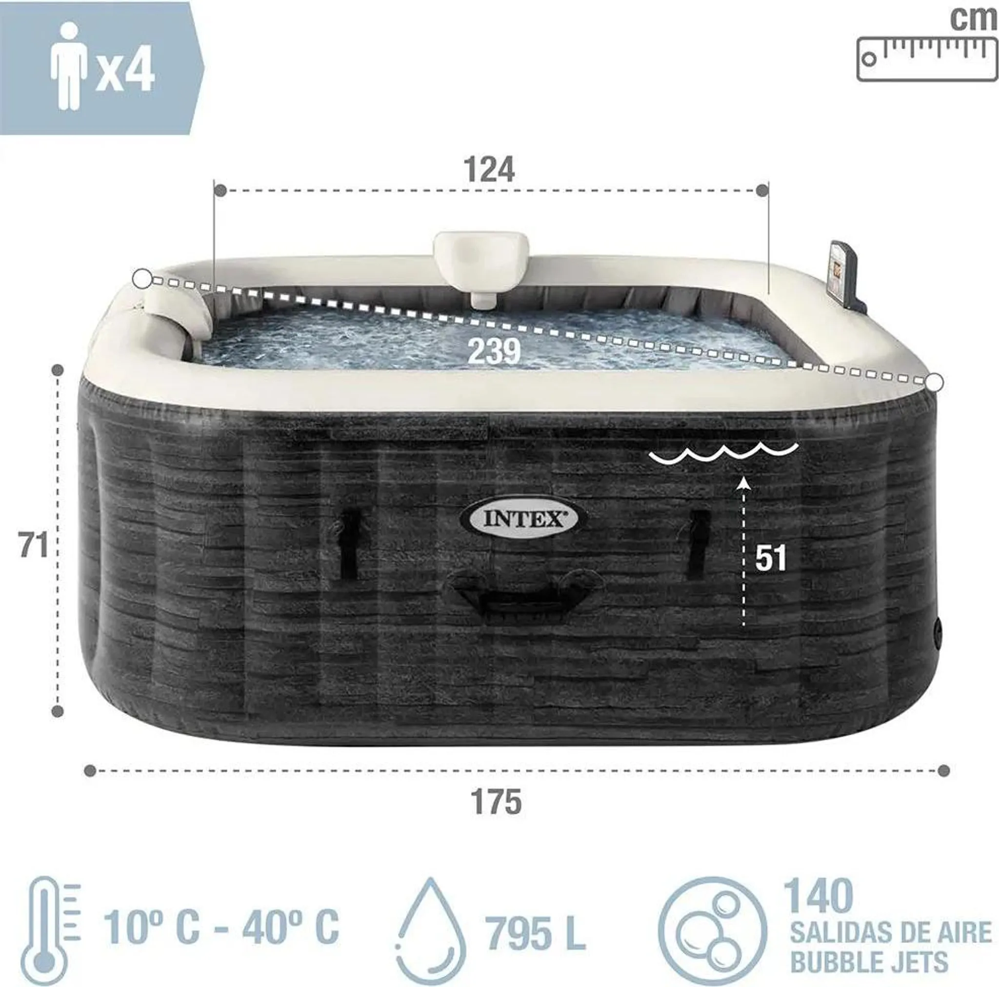 INTEX 28450NP - Whirlpool - PureSPA Greystone Deluxe (175x175cm) für 4 Personen – Bild 7