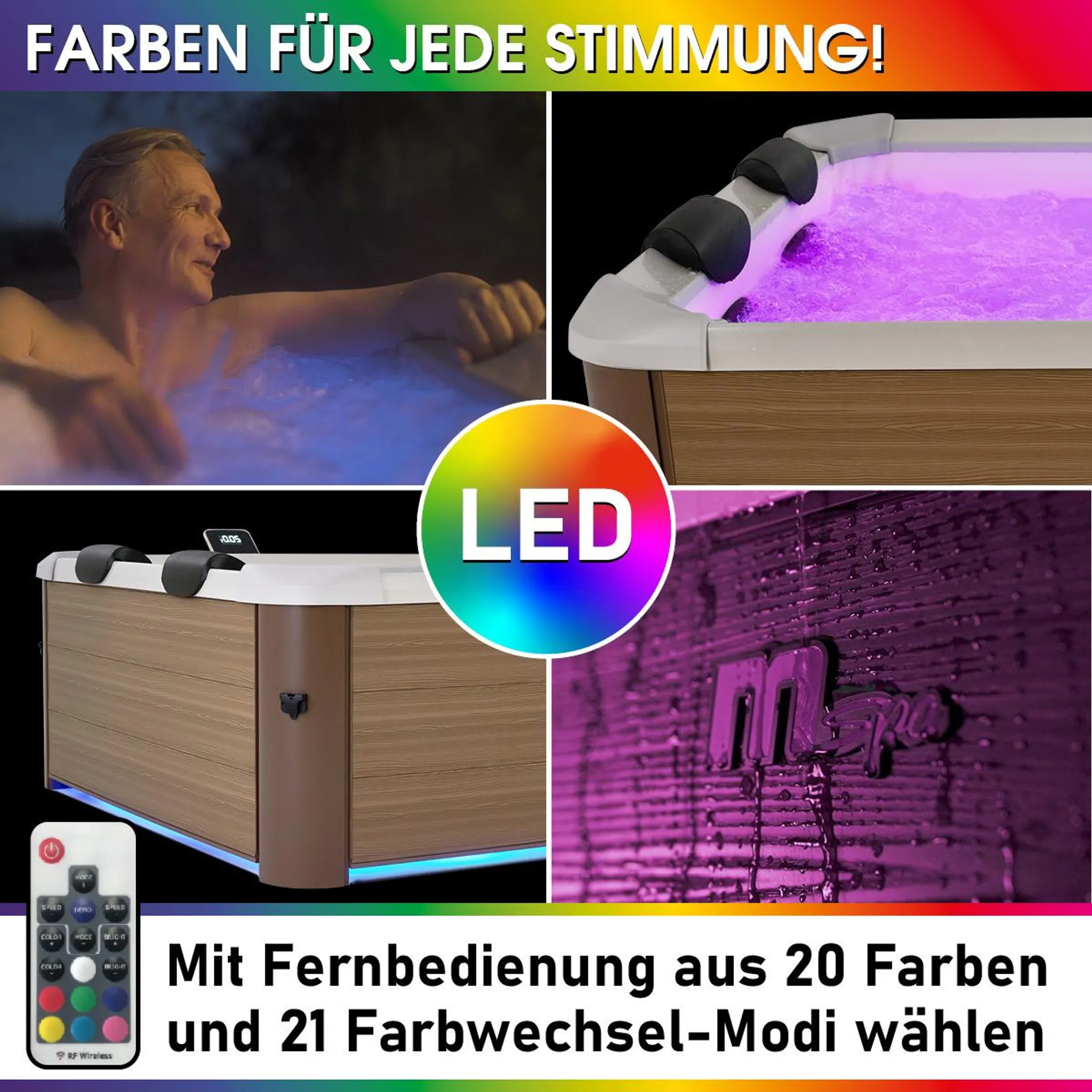 BRAST Whirlpool MSpa Oslo Amber mit Fester Außenwand | LED-Beleuchtung in 20 Farben für 6 Personen | 160x160x65cm | 120 Massagedüsen | Ganzjähriger Einsatz Winterfest | In & Outdoor Pool – Bild 5