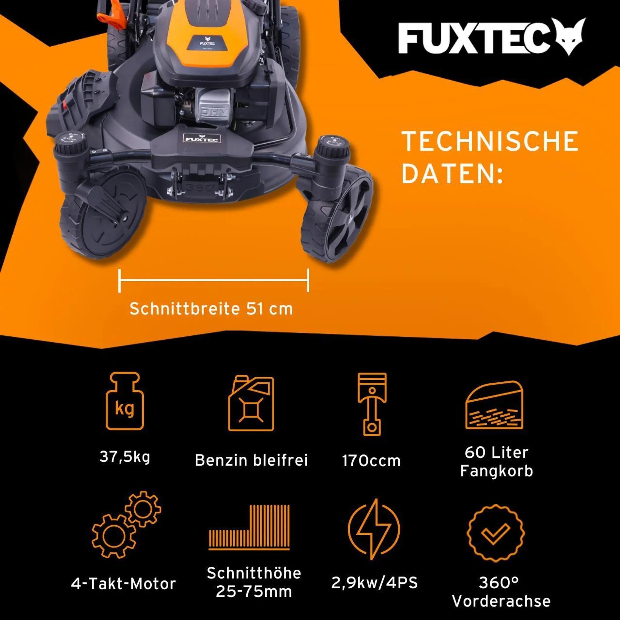 FUXTEC 4in1 Benzin Rasenmäher FX-RM5170agile - 170ccm | 51cm |schwenkbare Vorderachse | 37Kg | 4-Takt | Mulchfunktion | 60L Fangkorb | bis 1000m² – Bild 3