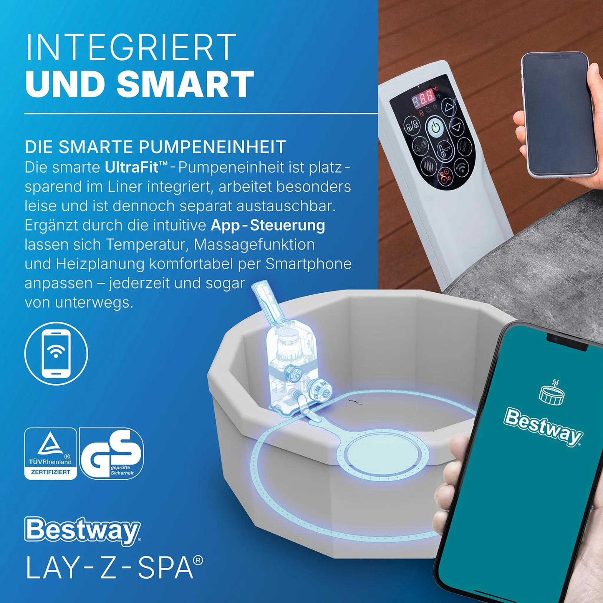 Bestway® LAY-Z-SPA® Energiespar-Whirlpool mitSchaumstoffpaneelen Carrara AirJet™ mit App-Steuerung + integrierter UltraFit™ -Pumpeneinheit, für 6 Personen Ø 170 x 65 cm, Dunkle Alabaster-Optik – Bild 8