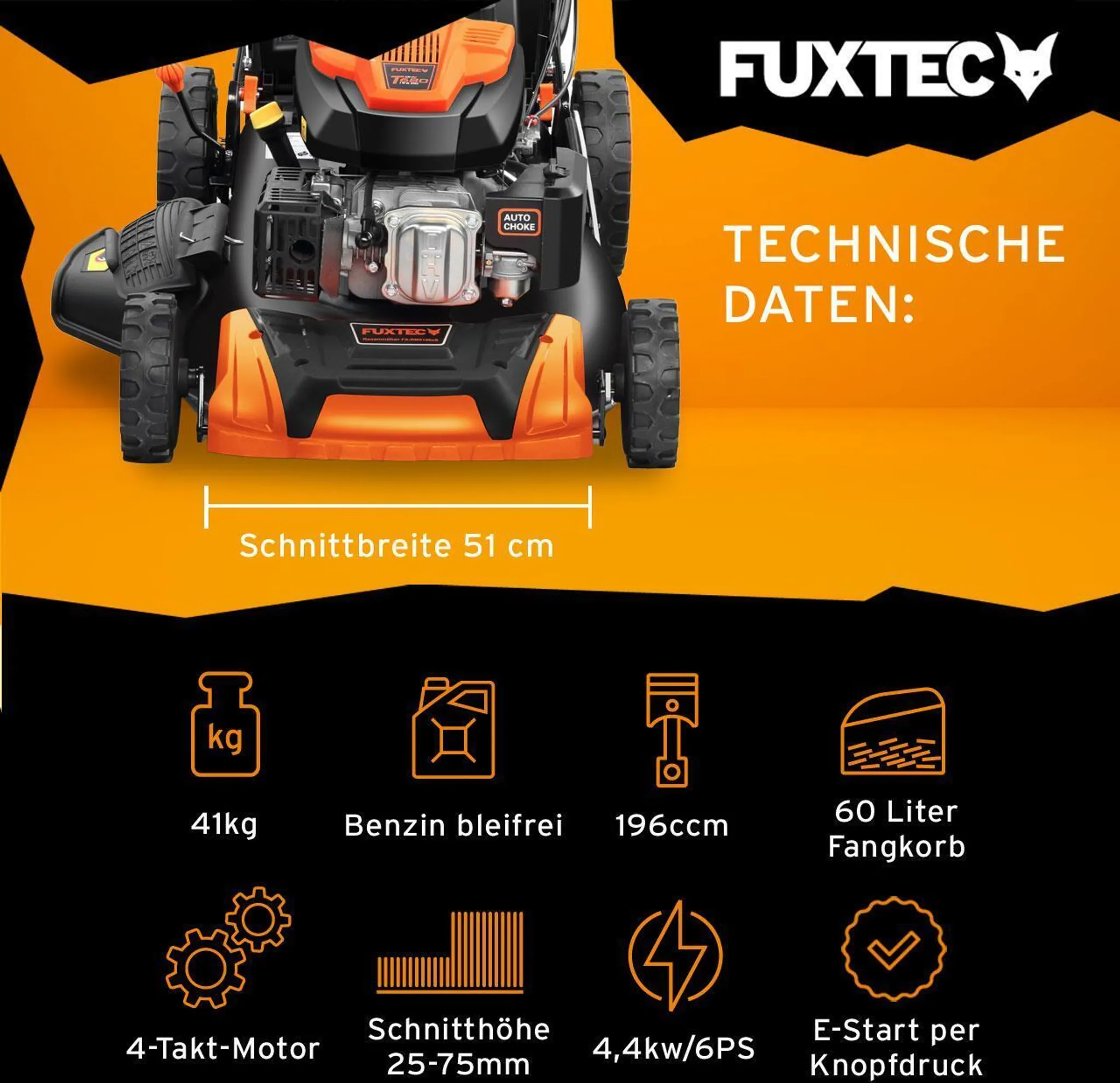 FUXTEC Benzin Rasenmäher FX-RM5196eSPRO - 196ccm | 51cm | 6PS | mit Antrieb + E-Start + FlexSpeed | 36kg | 60L | Seitenauswurf |ab 1001m² – Bild 3