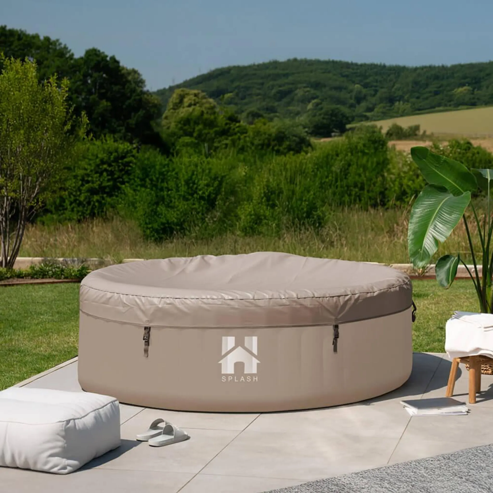 HOME DELUXE - Outdoor Whirlpool - SPLASH + Kissen, Getränkehalter und Sonnendach - Farbe: Beige - ⌀ 208 cm, 130 Luftdüsen - inkl. Abdeckung, Reparaturset, Filterset I Außen Spa für 6 Personen – Bild 3