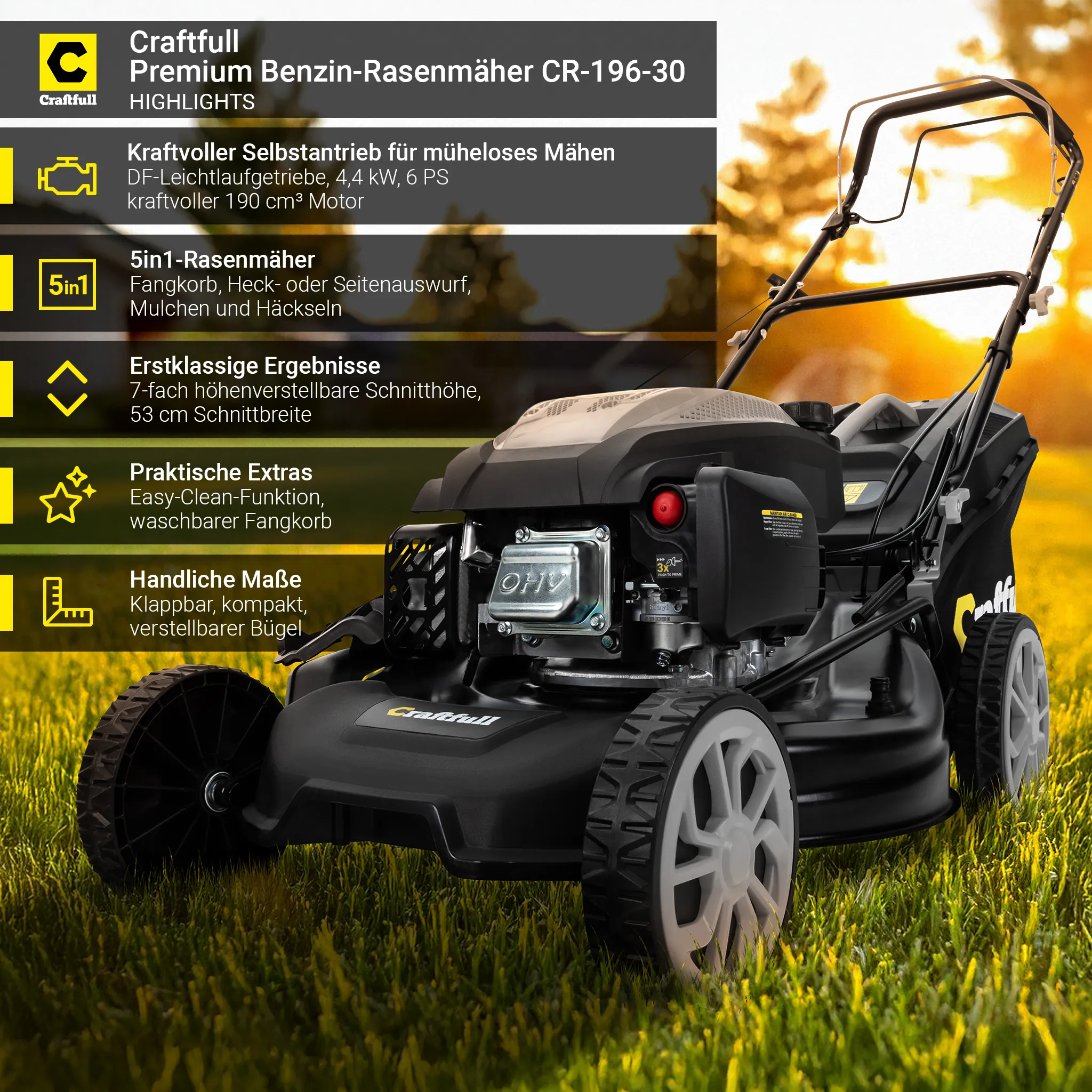 Craftfull Premium Benzin-Rasenmäher CR-196-30 | Selbstfahrantrieb - 53 cm Schnittbreite - 4 in 1 - Mähen - Mulchen - Heck- & Seitenauswurf - klappbar – Bild 2