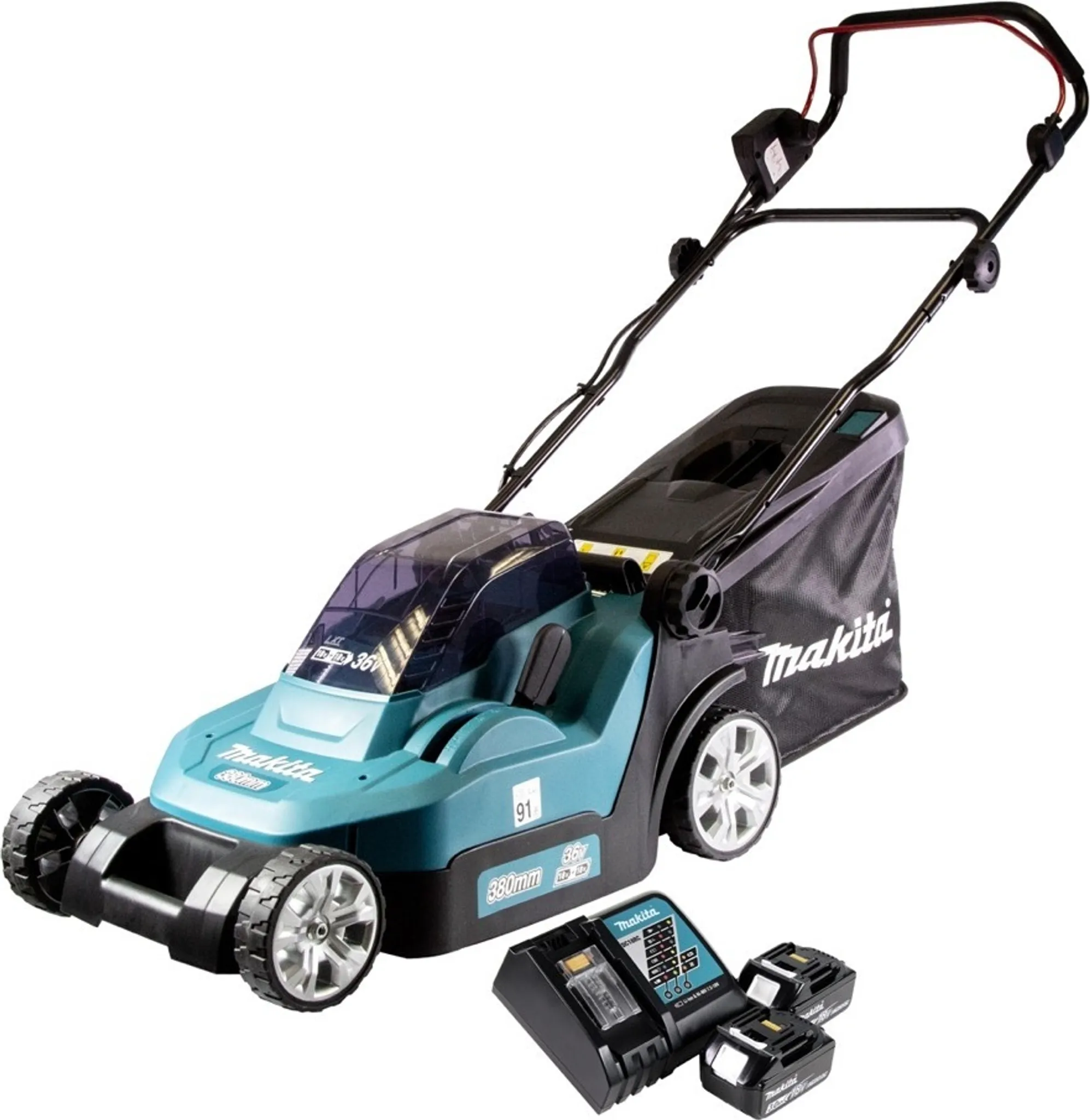 Makita DLM 382 RF2 Akku Rasenmäher 36 V ( 2x 18 V ) 38 cm 40 l + 2x Akku 3,0 Ah + Ladegerät – Bild 2