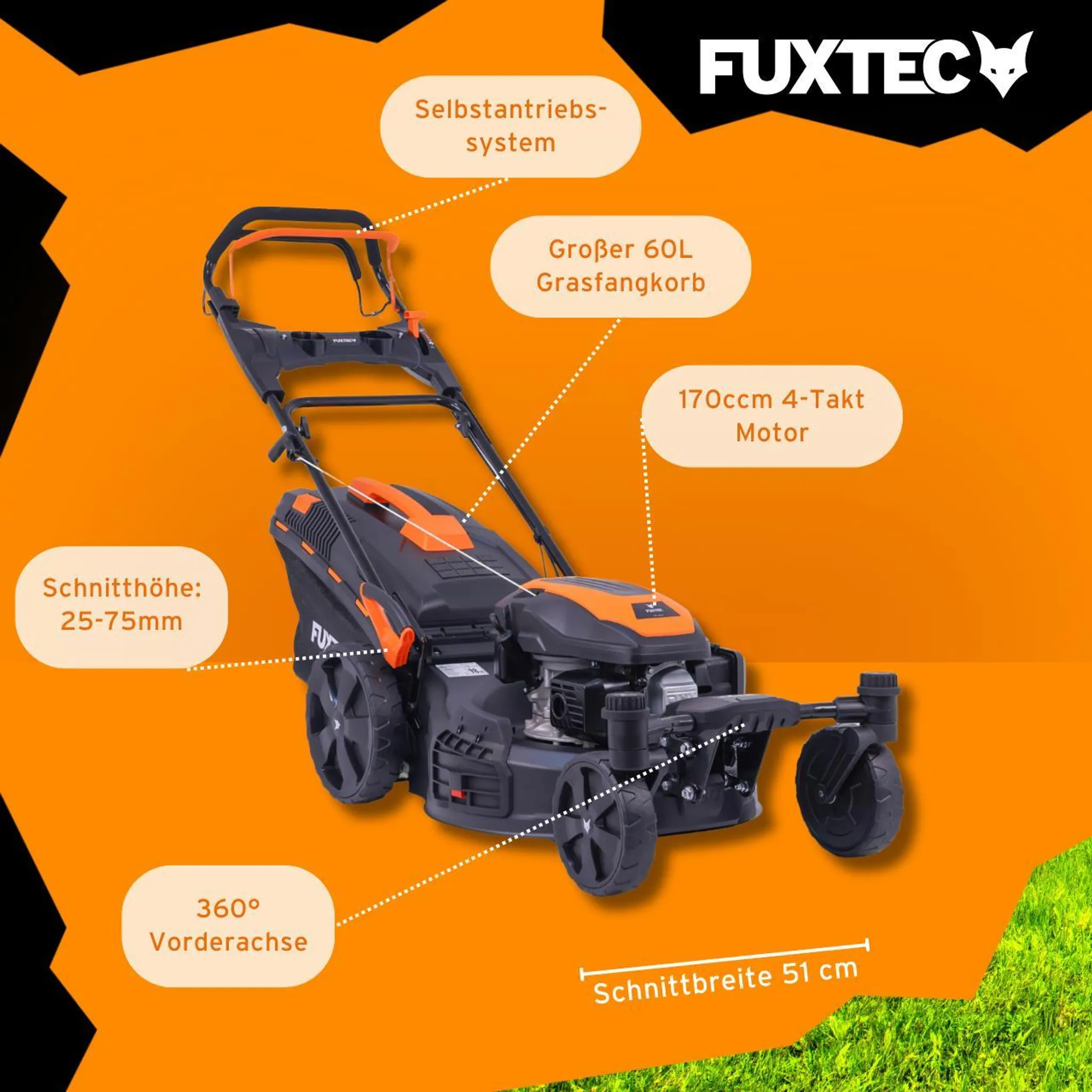 FUXTEC 4in1 Benzin Rasenmäher FX-RM5170agile - 170ccm | 51cm |schwenkbare Vorderachse | 37Kg | 4-Takt | Mulchfunktion | 60L Fangkorb | bis 1000m² – Bild 6