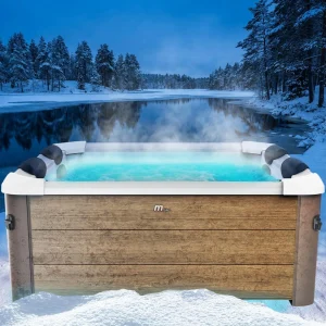 BRAST Whirlpool MSpa Oslo Amber mit Fester Außenwand | LED-Beleuchtung in 20 Farben für 6 Personen | 160x160x65cm | 120 Massagedüsen | Ganzjähriger Einsatz Winterfest | In & Outdoor Pool
