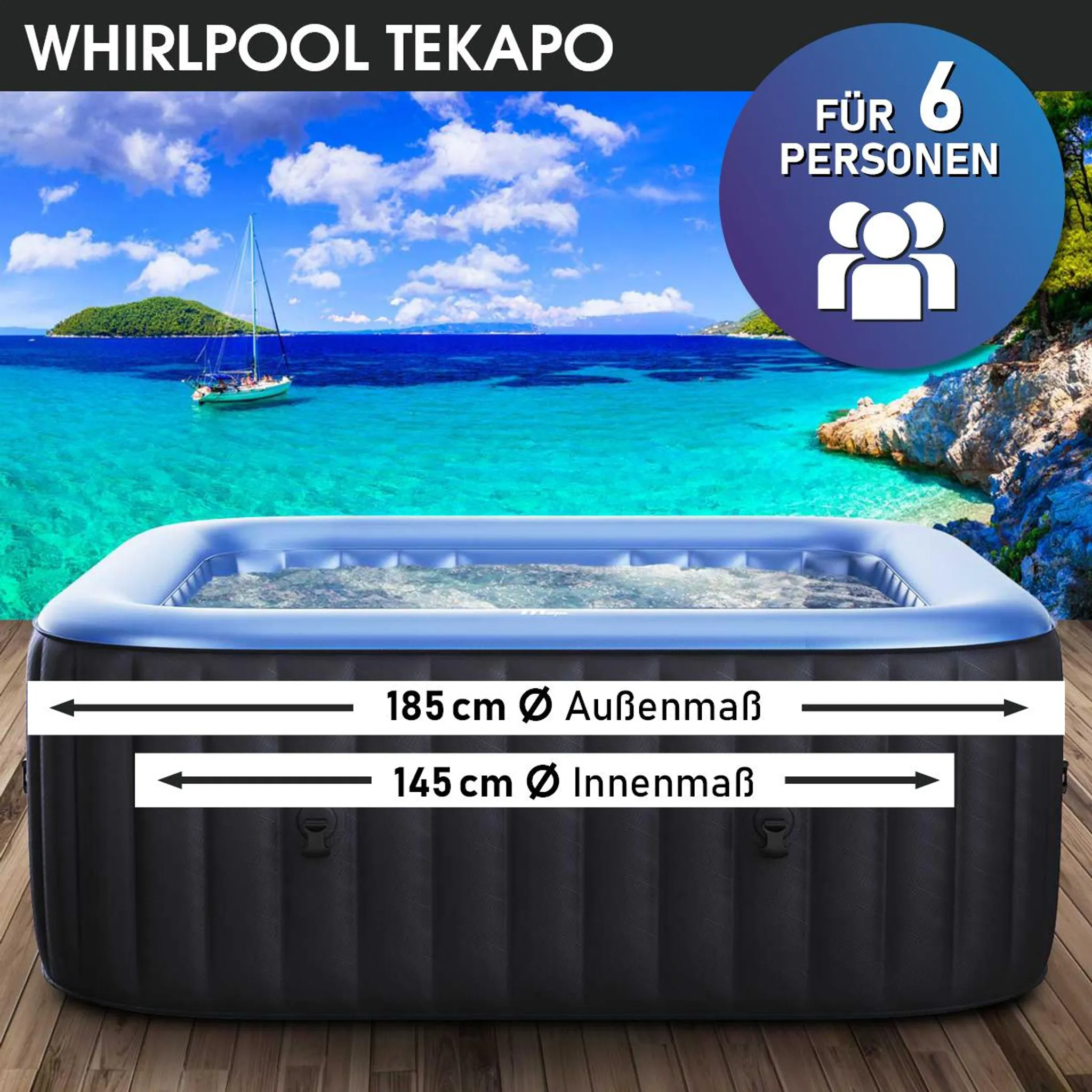 BRAST Whirlpool aufblasbar MSpa Tekapo für 6 Personen 185x185cm In-Outdoor Pool 132 Massagedüsen Energiespar-Timer Heizung Aufblasfunktion per Knopfdruck Bubble Spa Wellness Massage – Bild 3