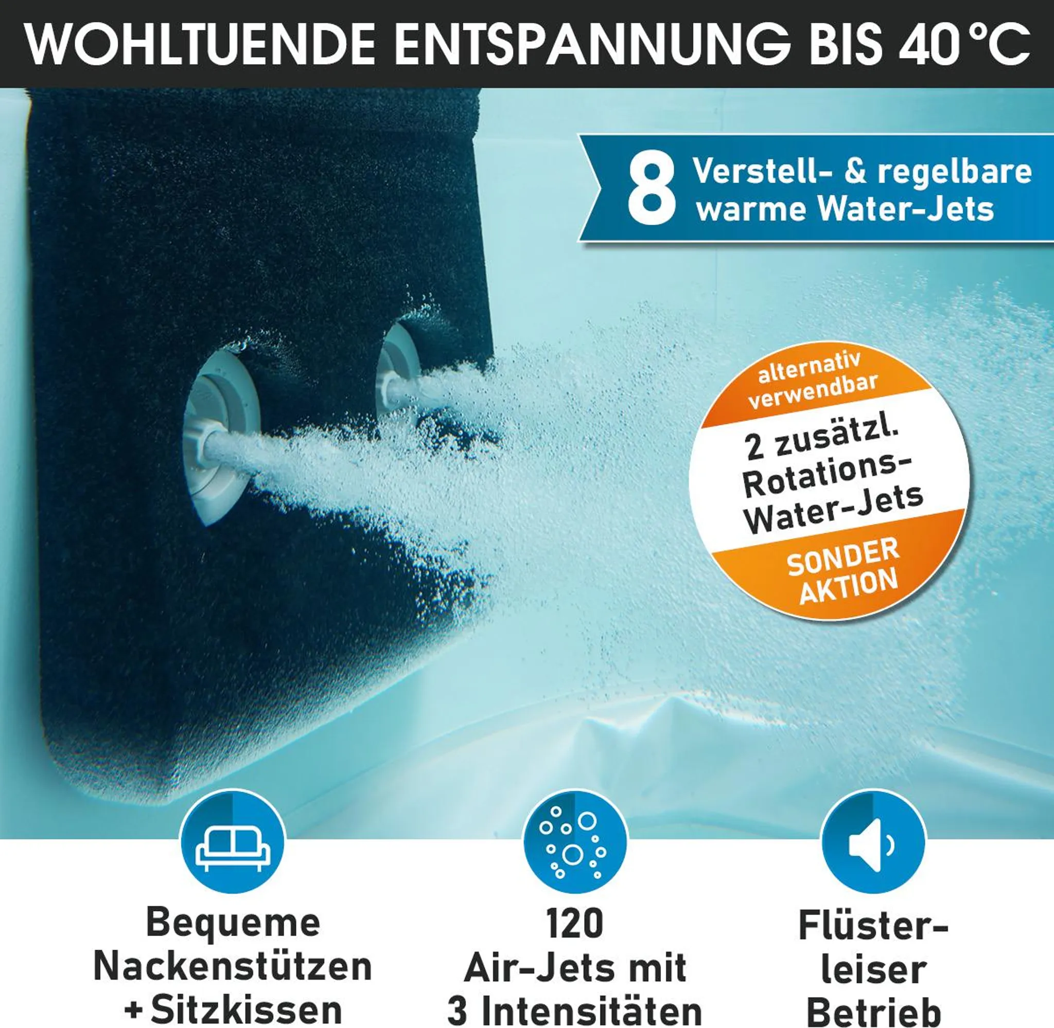 BRAST Whirlpool MSpa Oslo Amber mit Fester Außenwand | LED-Beleuchtung in 20 Farben für 6 Personen | 160x160x65cm | 120 Massagedüsen | Ganzjähriger Einsatz Winterfest | In & Outdoor Pool – Bild 6