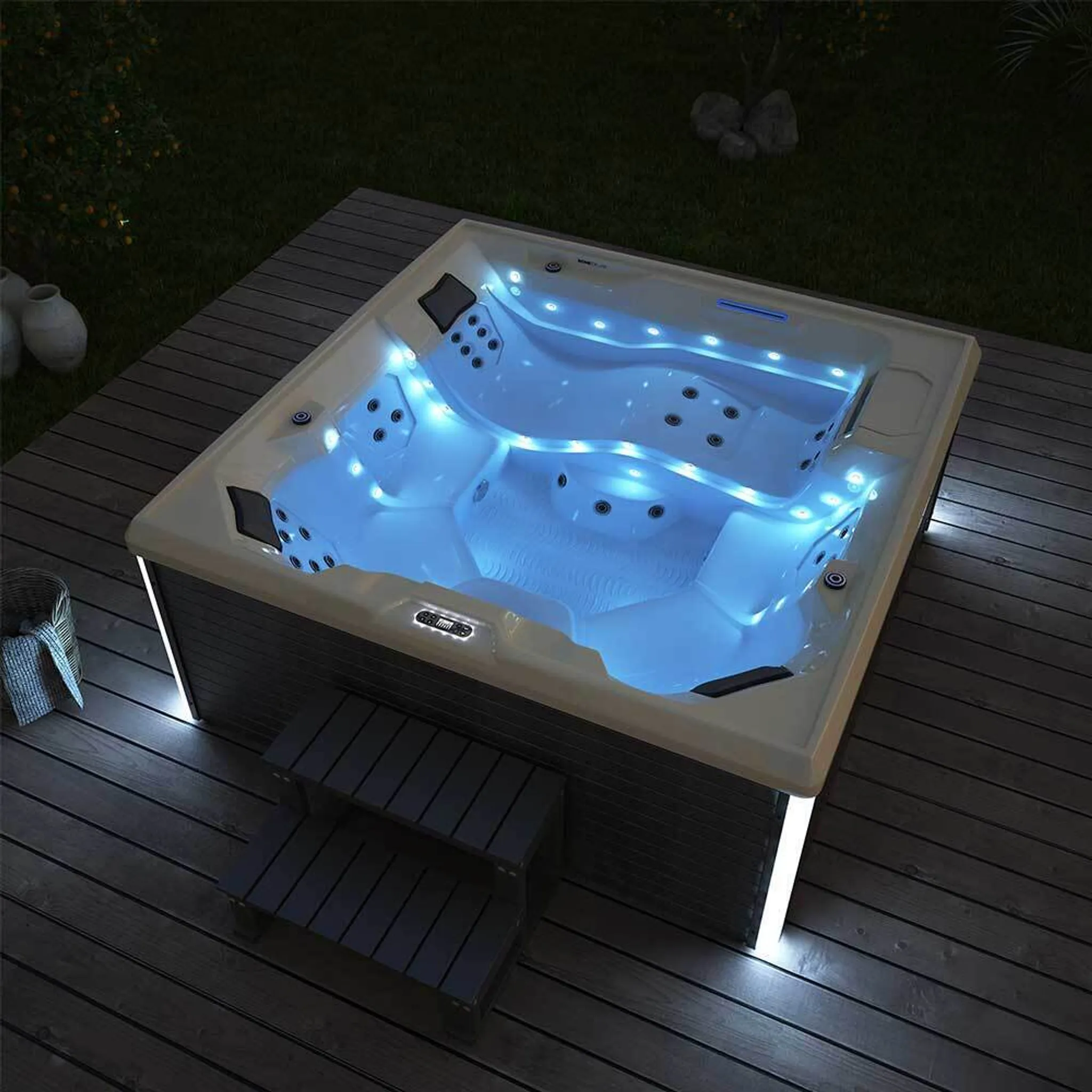 HOME DELUXE - Outdoor Whirlpool - STREAM BIG PURE - Maße: 208 x 208 x 88 cm - Inkl. Heizung, 34 Massagedüsen und 4 äußeren Lichtquellen I Außen Whirlpool Spa für 5 Personen – Bild 6
