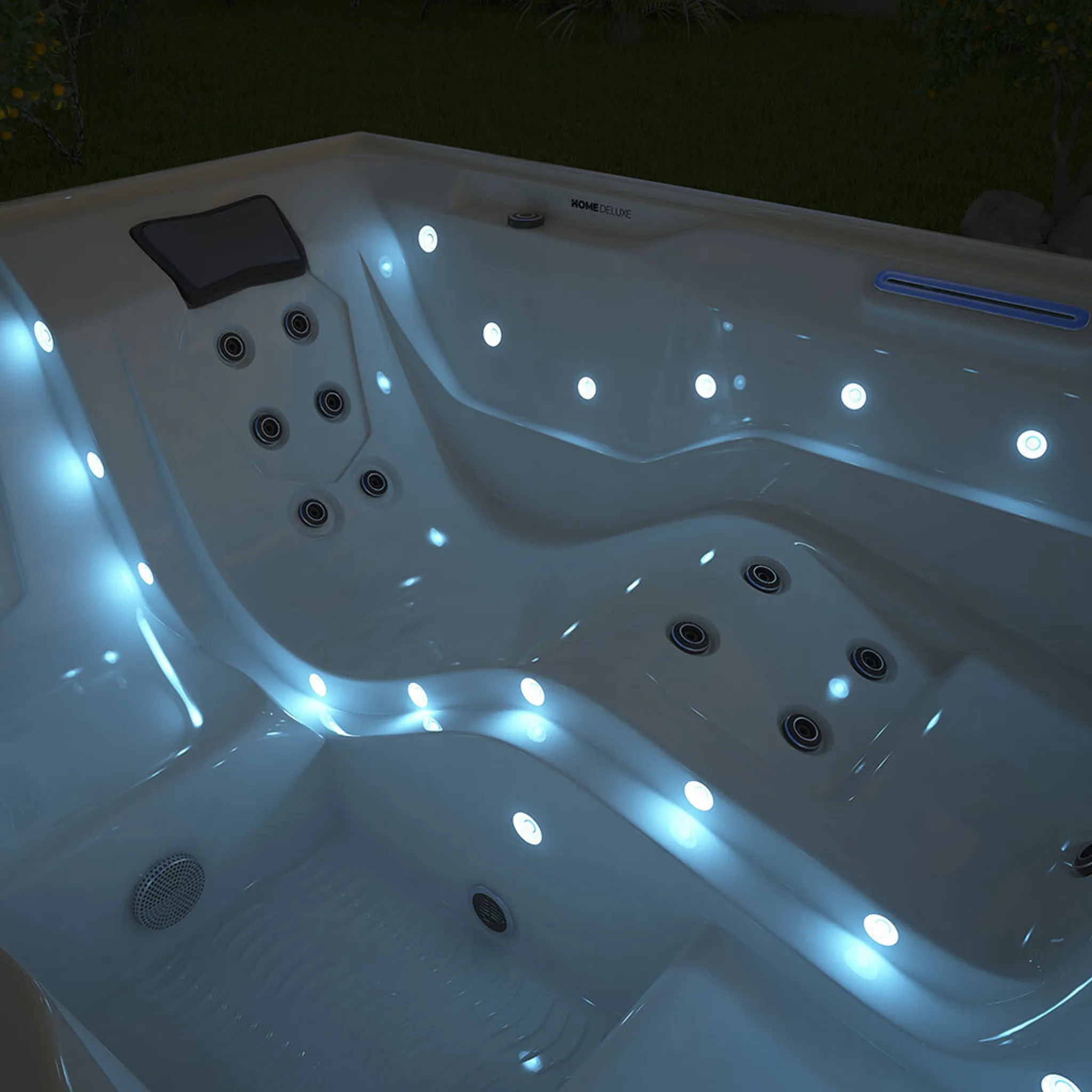 HOME DELUXE - Outdoor Whirlpool - STREAM PLUS Treppe und Thermoabdeckung - Maße: 211 x 157 x 75 cm - Inkl. Heizung, 24 Massagedüsen und 4 äußeren Lichtquellen I Außen Whirlpool Spa für 3 Personen – Bild 5