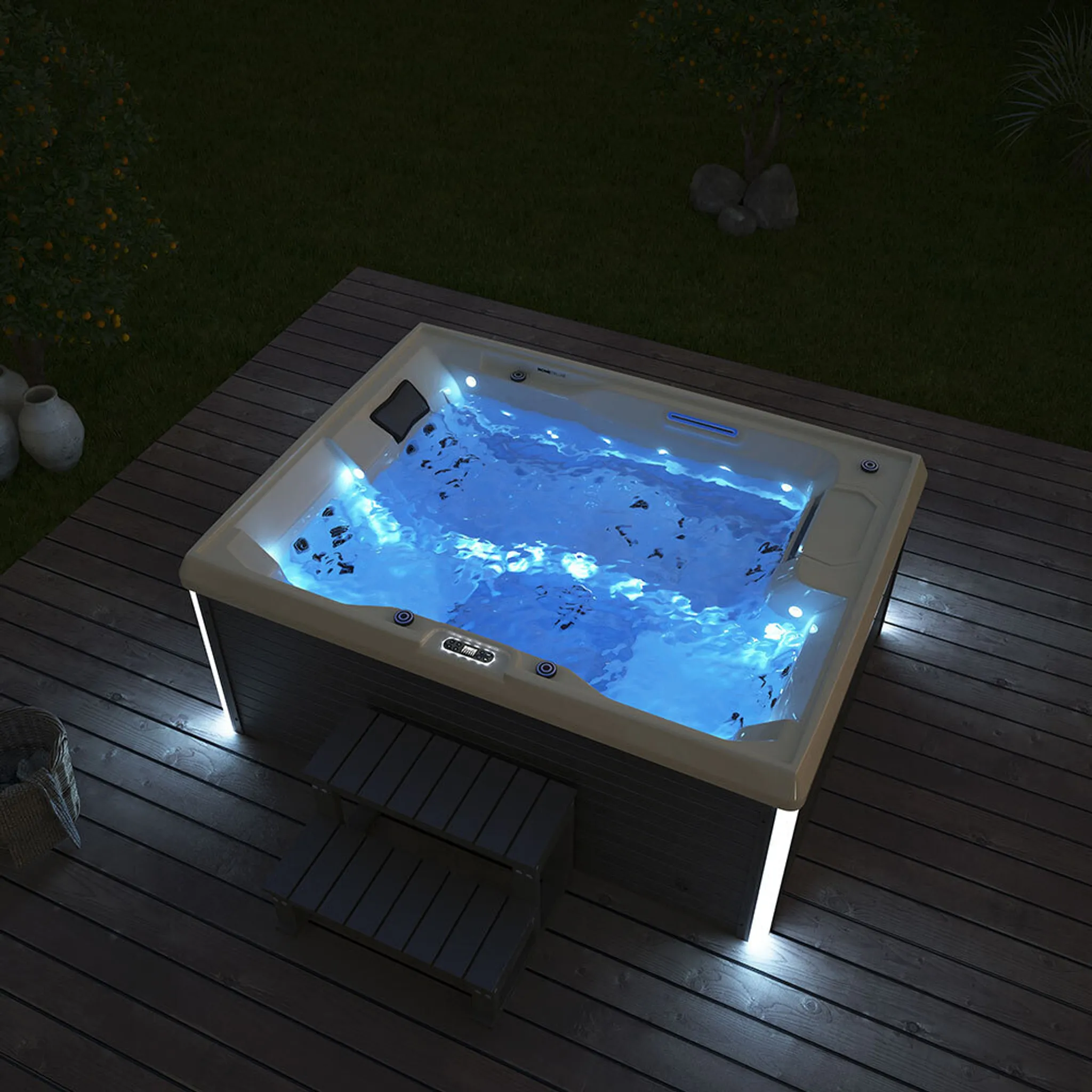 HOME DELUXE - Outdoor Whirlpool - STREAM PLUS Treppe und Thermoabdeckung - Maße: 211 x 157 x 75 cm - Inkl. Heizung, 24 Massagedüsen und 4 äußeren Lichtquellen I Außen Whirlpool Spa für 3 Personen – Bild 4