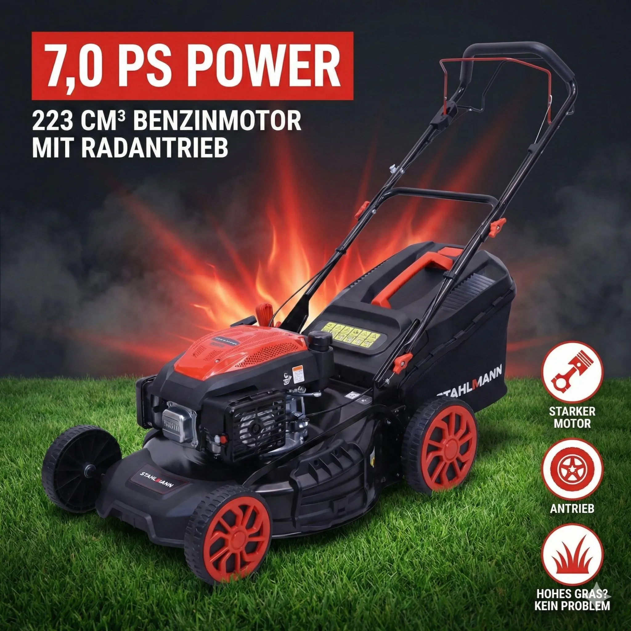 STAHLMANN Rasenmäher Benzin mit Antrieb BR532 – 7,0PS (5,1kW) 224ccm mit Antrieb, 53cm Schnittbreite, Mulchen, Schnitthöhenverstellung – Bild 2