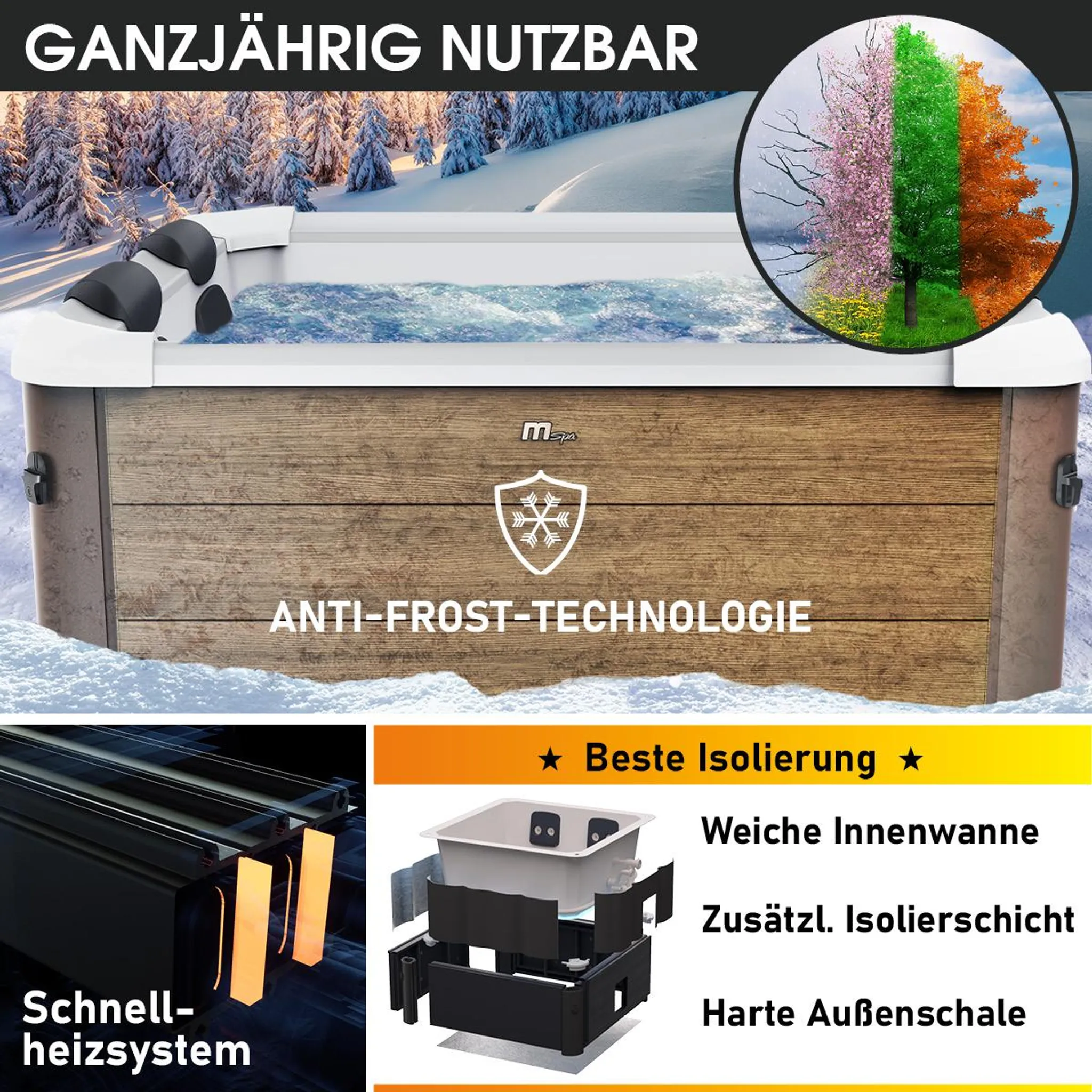 BRAST Whirlpool MSpa Oslo Amber mit Fester Außenwand | LED-Beleuchtung in 20 Farben für 6 Personen | 160x160x65cm | 120 Massagedüsen | Ganzjähriger Einsatz Winterfest | In & Outdoor Pool – Bild 8