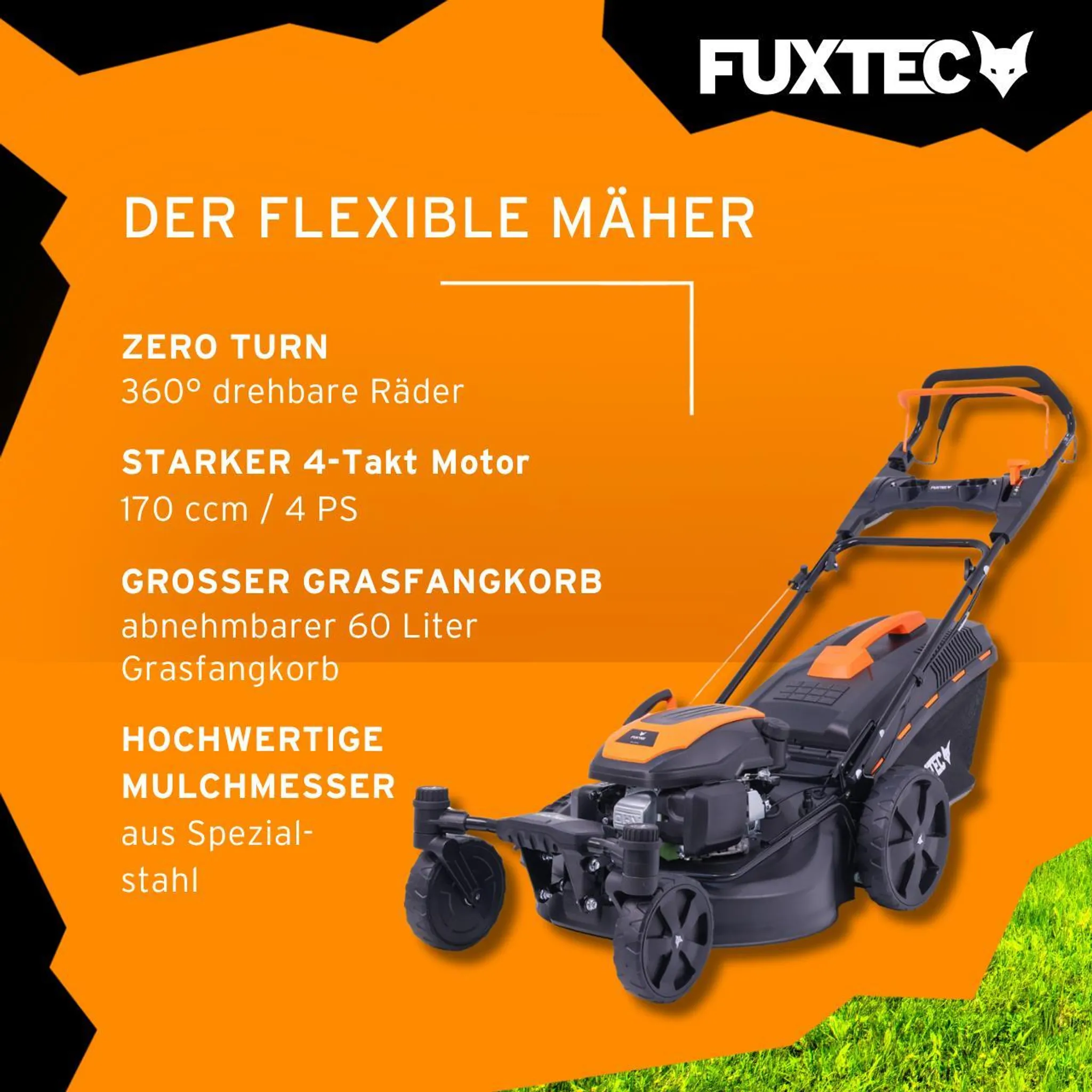 FUXTEC 4in1 Benzin Rasenmäher FX-RM5170agile - 170ccm | 51cm |schwenkbare Vorderachse | 37Kg | 4-Takt | Mulchfunktion | 60L Fangkorb | bis 1000m² – Bild 5