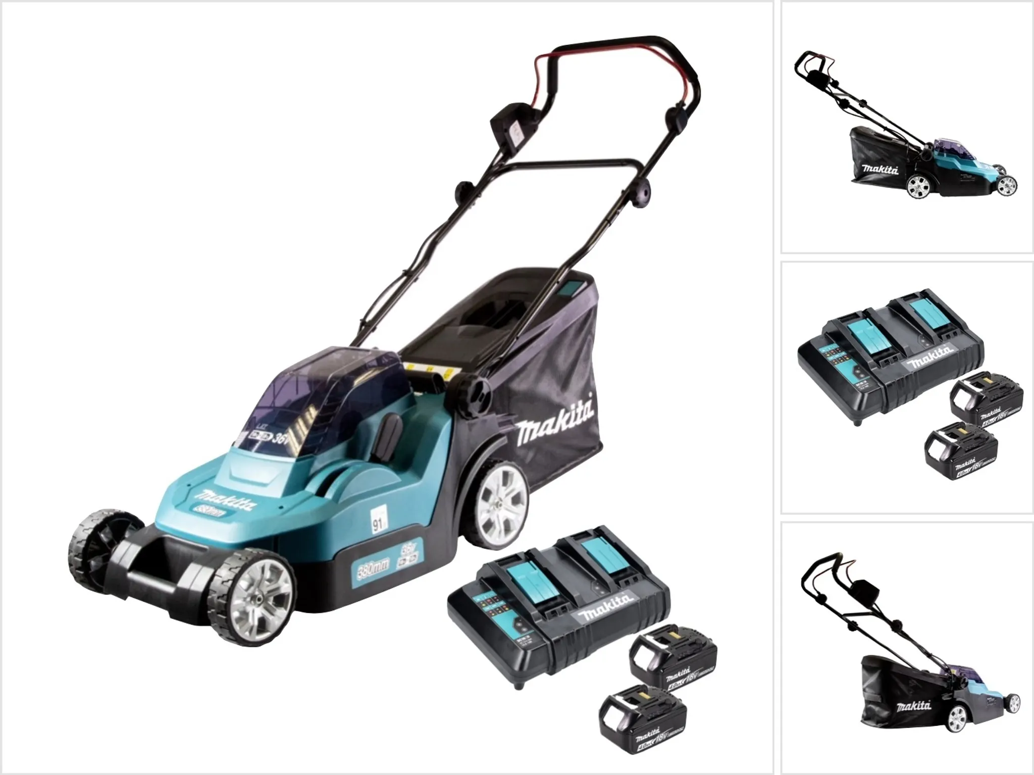 Makita Akku Rasenmäher Gartengeräte DLM382CM2 36 Volt 2 Akkus 4 Ah Schnittbreite 38 cm für Gartenpflege – Bild 2