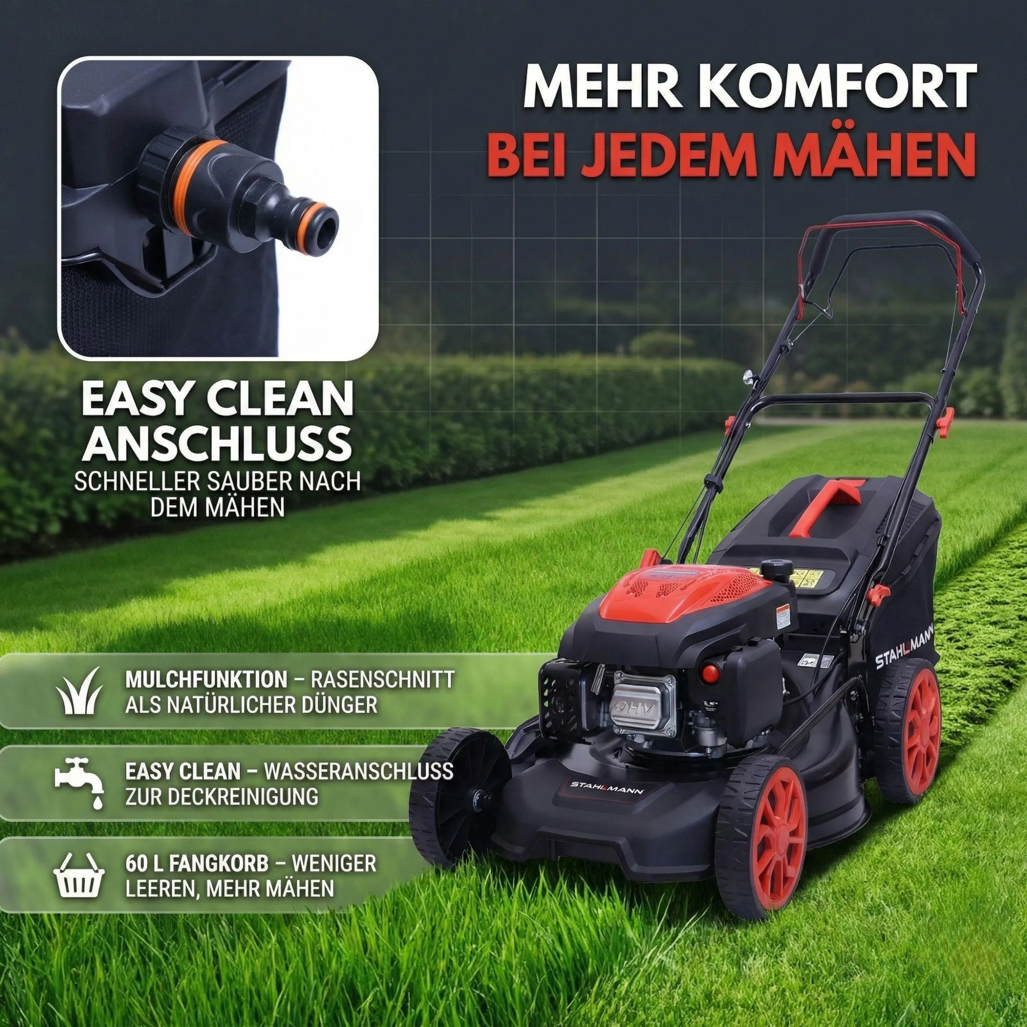STAHLMANN Rasenmäher Benzin mit Antrieb BR532 – 7,0PS (5,1kW) 224ccm mit Antrieb, 53cm Schnittbreite, Mulchen, Schnitthöhenverstellung – Bild 5