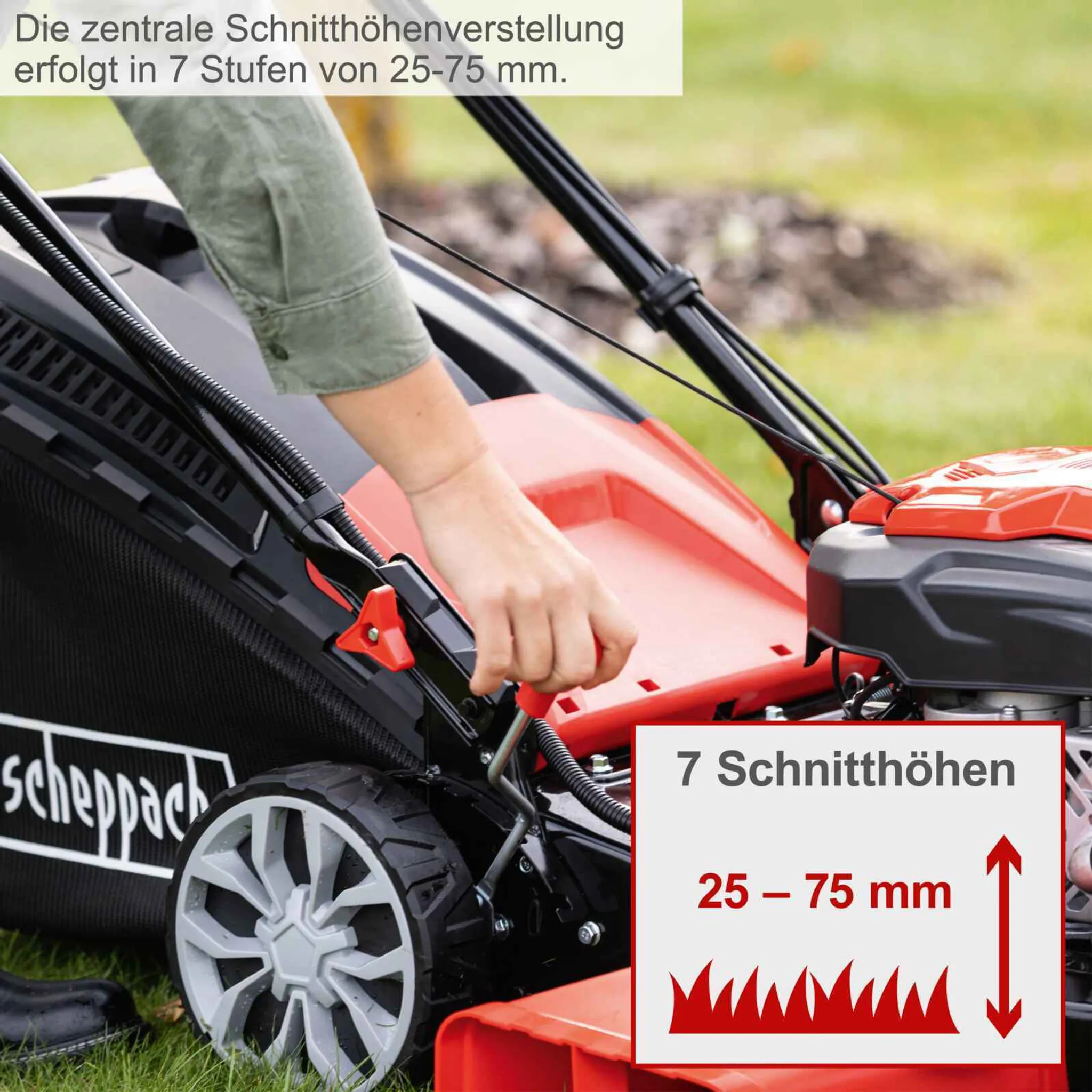 Scheppach Benzin-Rasenmäher MS225-56E - E-Start | Radantrieb | 6PS | 56cm Schnittbreite | 65 Liter Fangkorb | inkl. 2Ah Akku + 2,4A Ladegerät – Bild 9