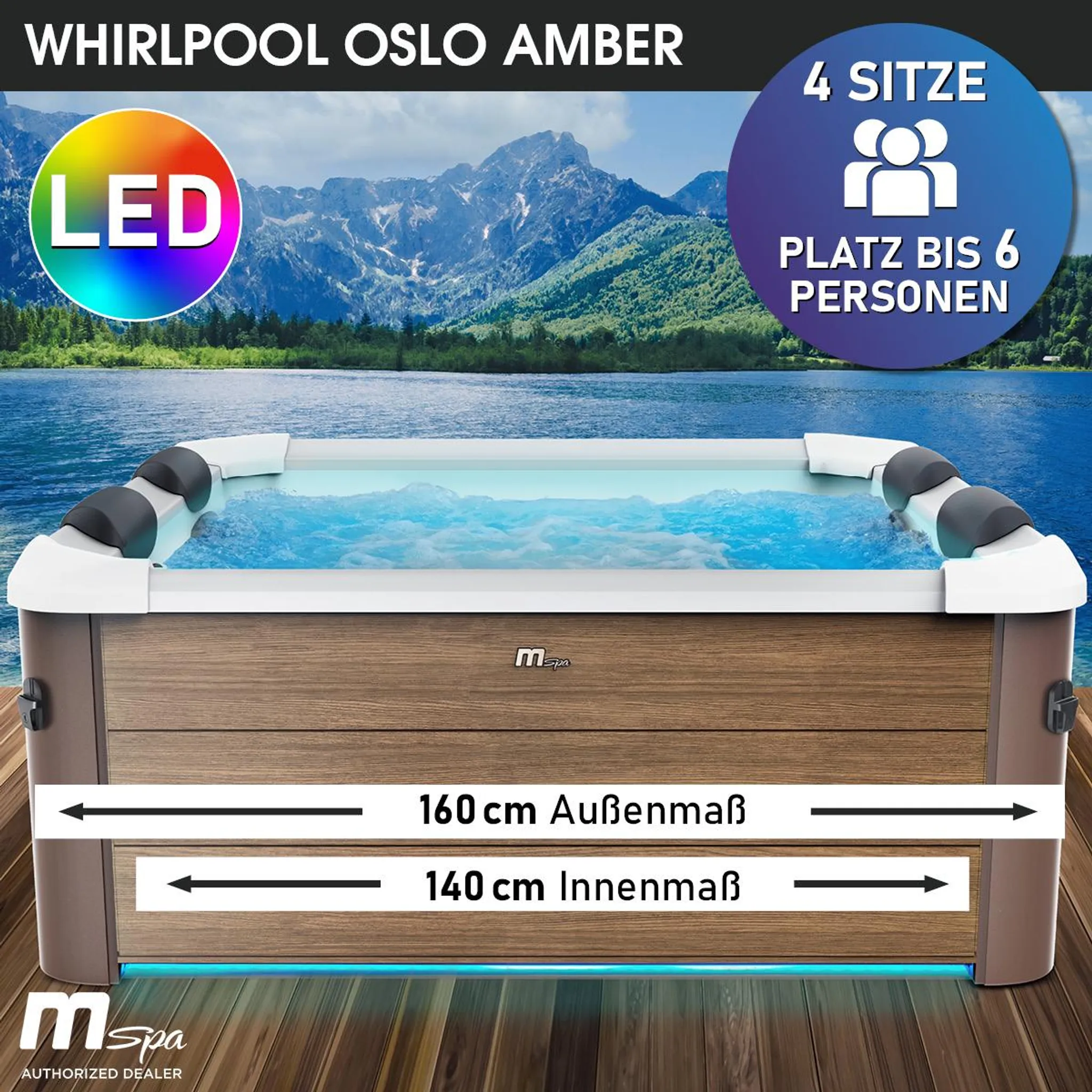 BRAST Whirlpool MSpa Oslo Amber mit Fester Außenwand | LED-Beleuchtung in 20 Farben für 6 Personen | 160x160x65cm | 120 Massagedüsen | Ganzjähriger Einsatz Winterfest | In & Outdoor Pool – Bild 3