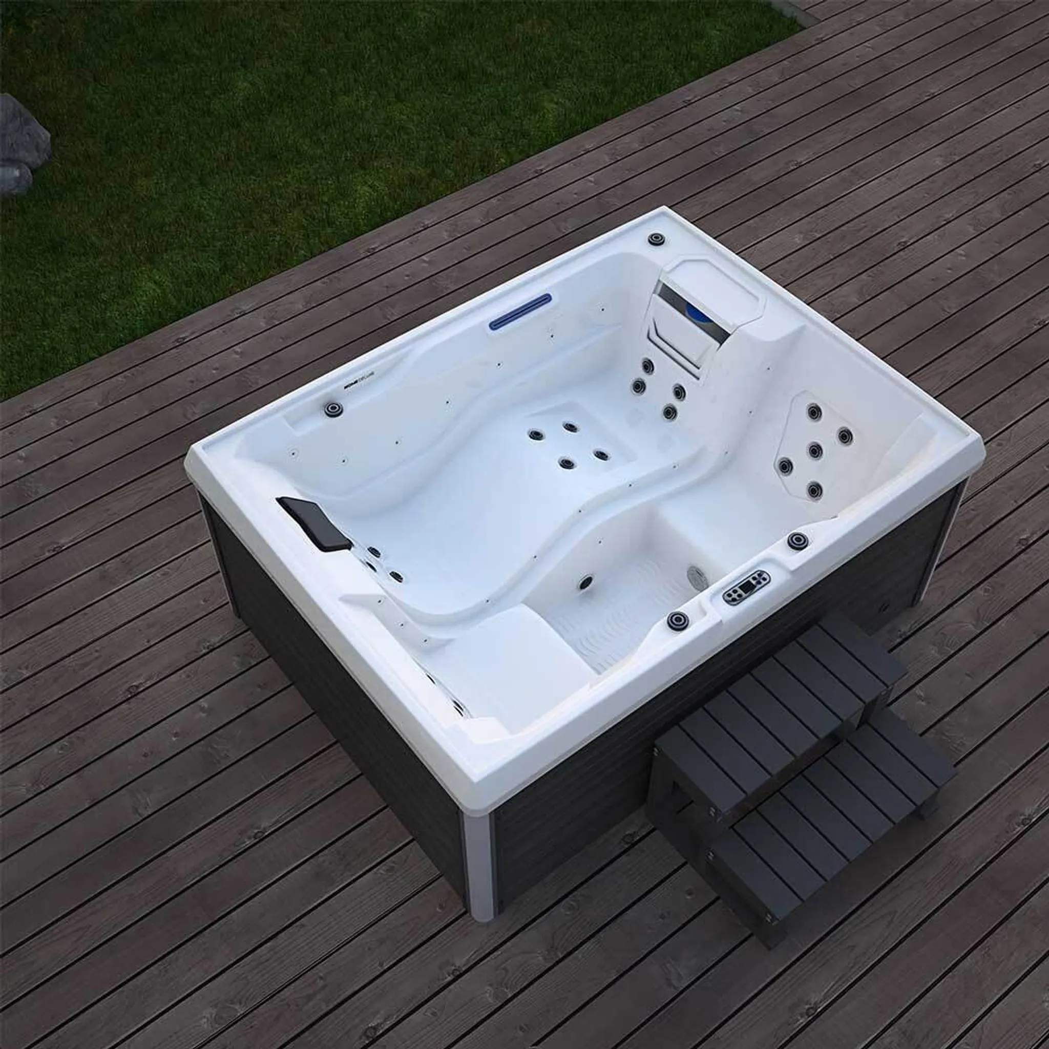 HOME DELUXE - Outdoor Whirlpool - STREAM PLUS Treppe und Thermoabdeckung - Maße: 211 x 157 x 75 cm - Inkl. Heizung, 24 Massagedüsen und 4 äußeren Lichtquellen I Außen Whirlpool Spa für 3 Personen – Bild 7