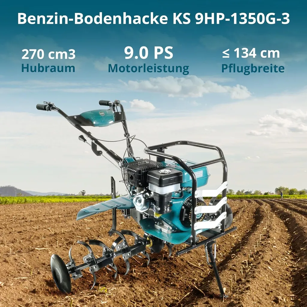 Könner & Söhnen KS 9HP-1350G-3 Benzin Bodenhacke mit Direktantrieb,gartenfräse, geschmiedete Säbelfräsen,3 Vorwärtsgänge, Rückwärtsgang, ≤134 cm – Bild 2
