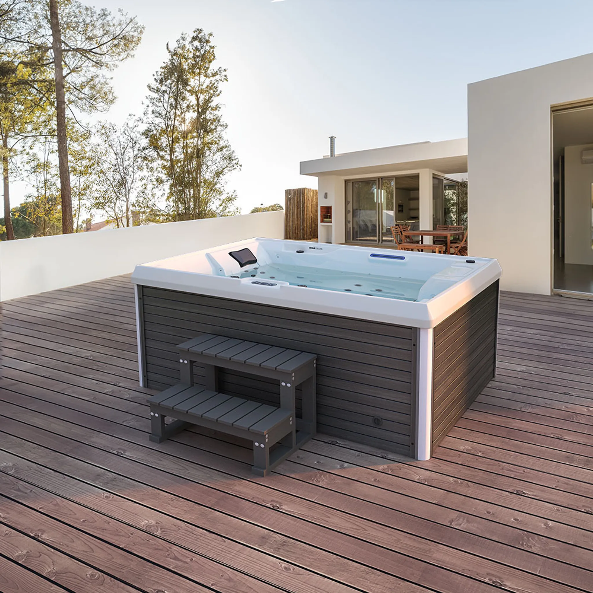HOME DELUXE - Outdoor Whirlpool - STREAM PLUS Treppe und Thermoabdeckung - Maße: 211 x 157 x 75 cm - Inkl. Heizung, 24 Massagedüsen und 4 äußeren Lichtquellen I Außen Whirlpool Spa für 3 Personen – Bild 2