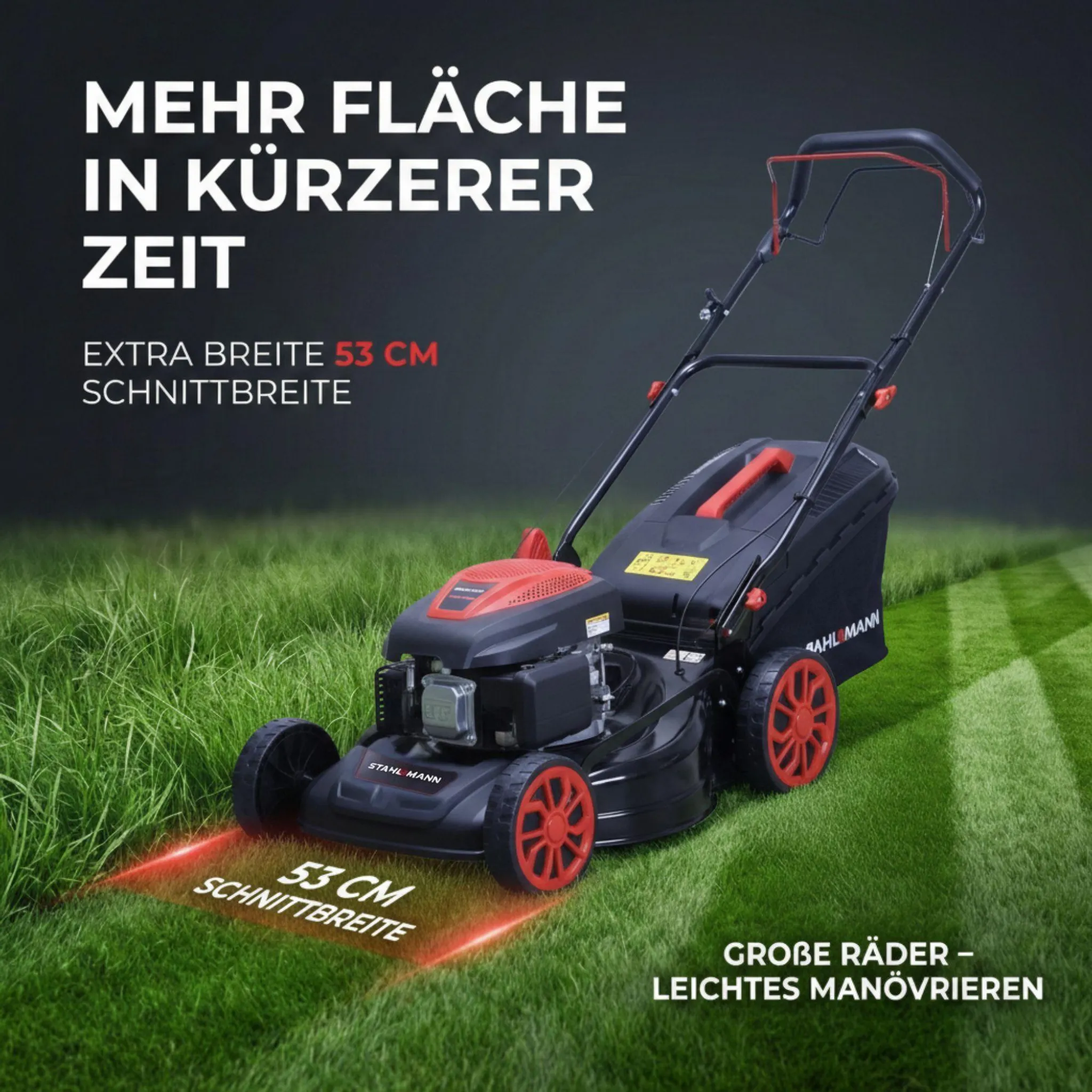 STAHLMANN Rasenmäher Benzin mit Antrieb BR532 – 7,0PS (5,1kW) 224ccm mit Antrieb, 53cm Schnittbreite, Mulchen, Schnitthöhenverstellung – Bild 3