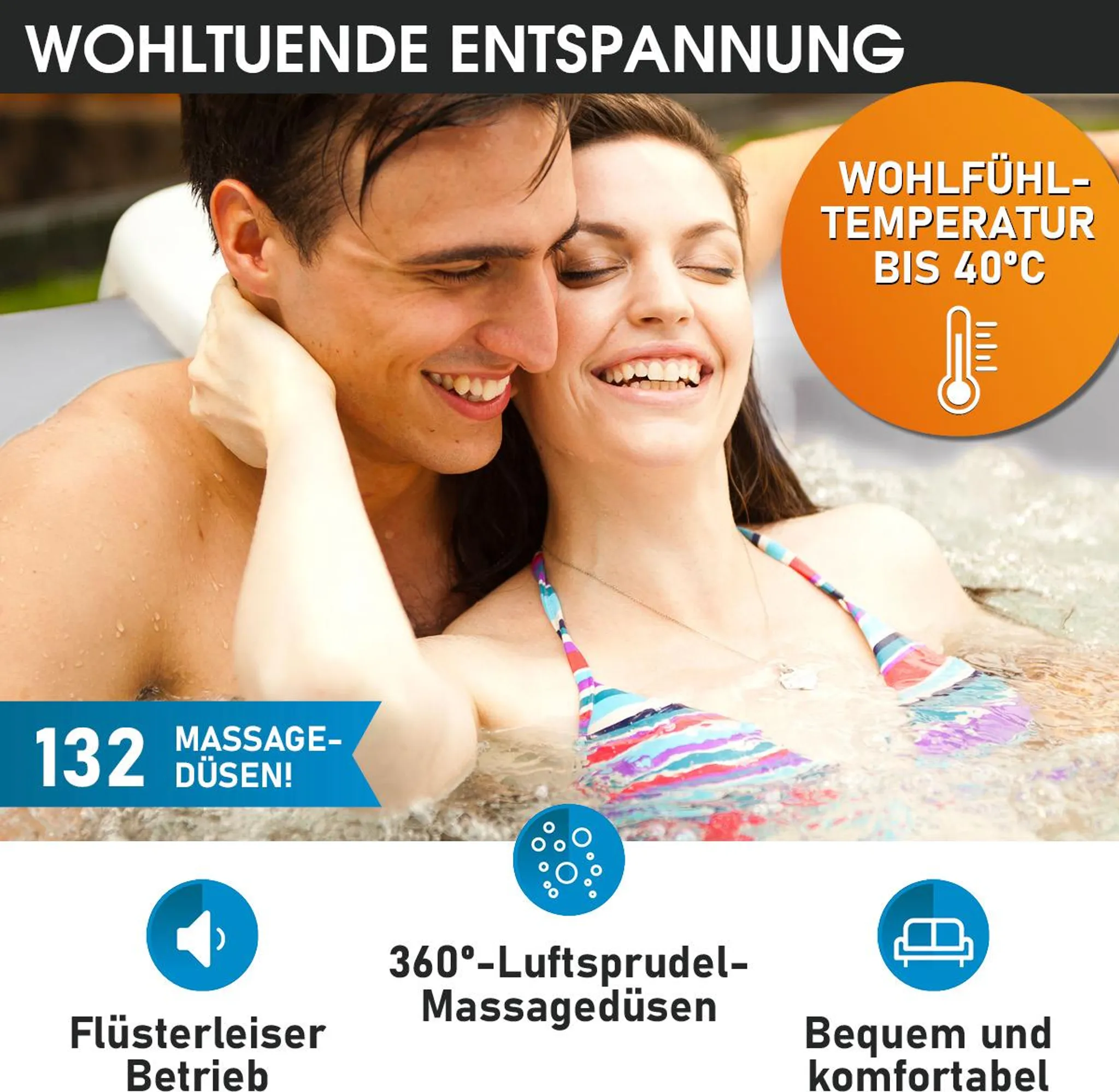 BRAST Whirlpool aufblasbar MSpa Tekapo für 6 Personen 185x185cm In-Outdoor Pool 132 Massagedüsen Energiespar-Timer Heizung Aufblasfunktion per Knopfdruck Bubble Spa Wellness Massage – Bild 6