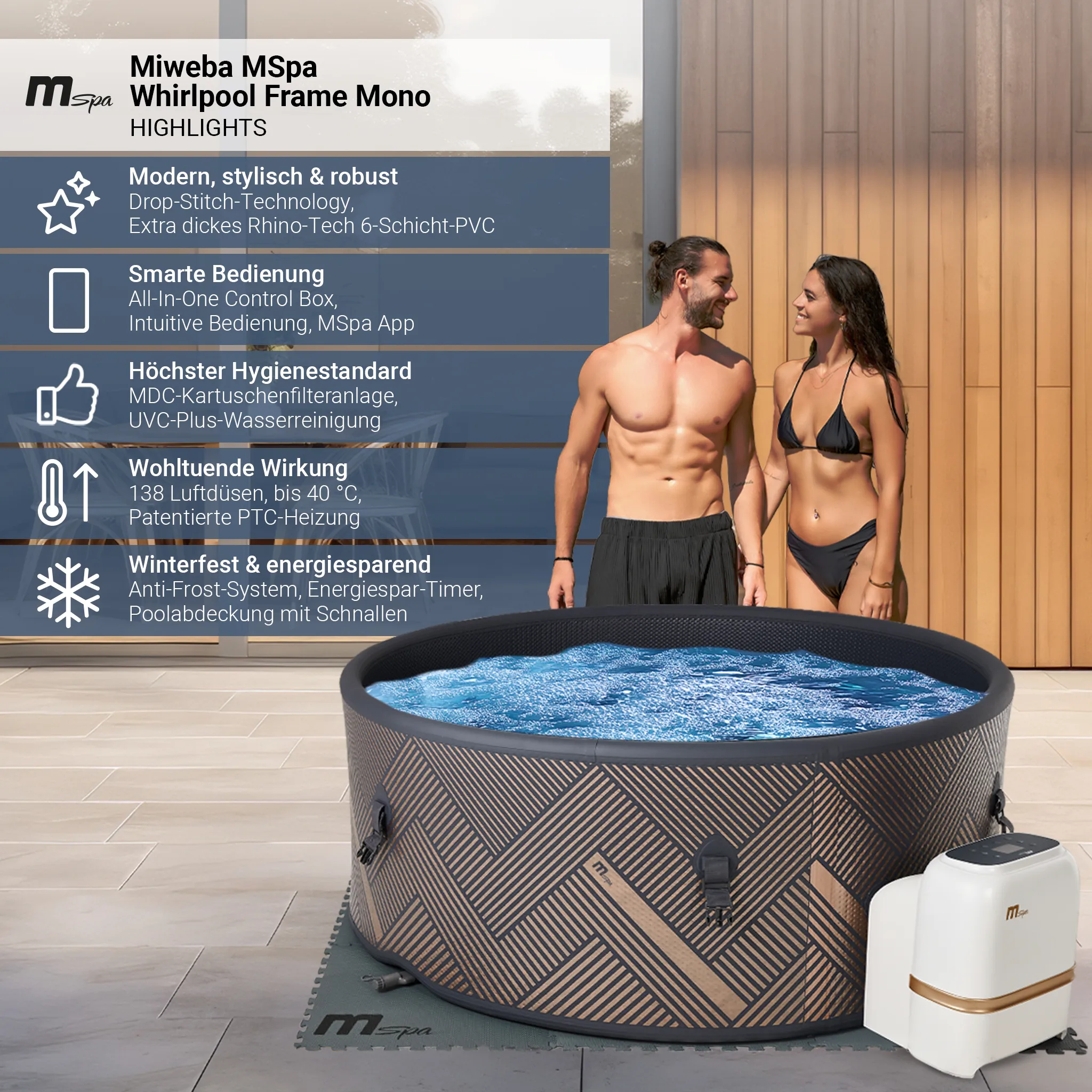 Miweba MSpa Whirlpool Frame Mono | Aufblasbar - Indoor & Outdoor Pool - Ozongenerator - UVC+ Filter - Anti-Frost-System - 6 Personen - App Steuerung – Bild 2