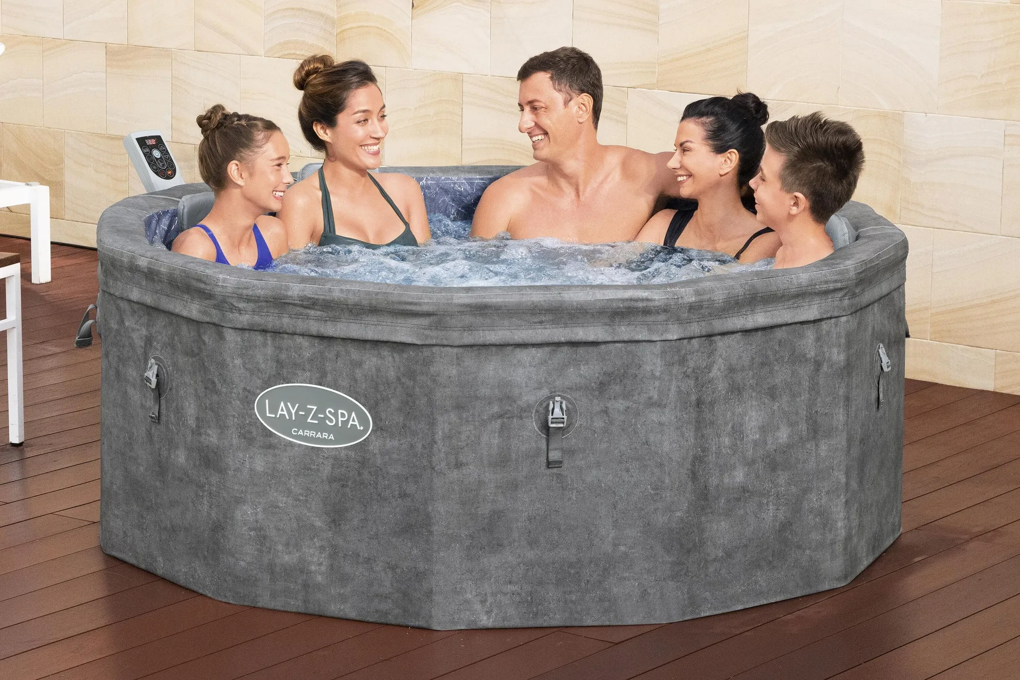 Bestway® LAY-Z-SPA® Energiespar-Whirlpool mitSchaumstoffpaneelen Carrara AirJet™ mit App-Steuerung + integrierter UltraFit™ -Pumpeneinheit, für 6 Personen Ø 170 x 65 cm, Dunkle Alabaster-Optik – Bild 2