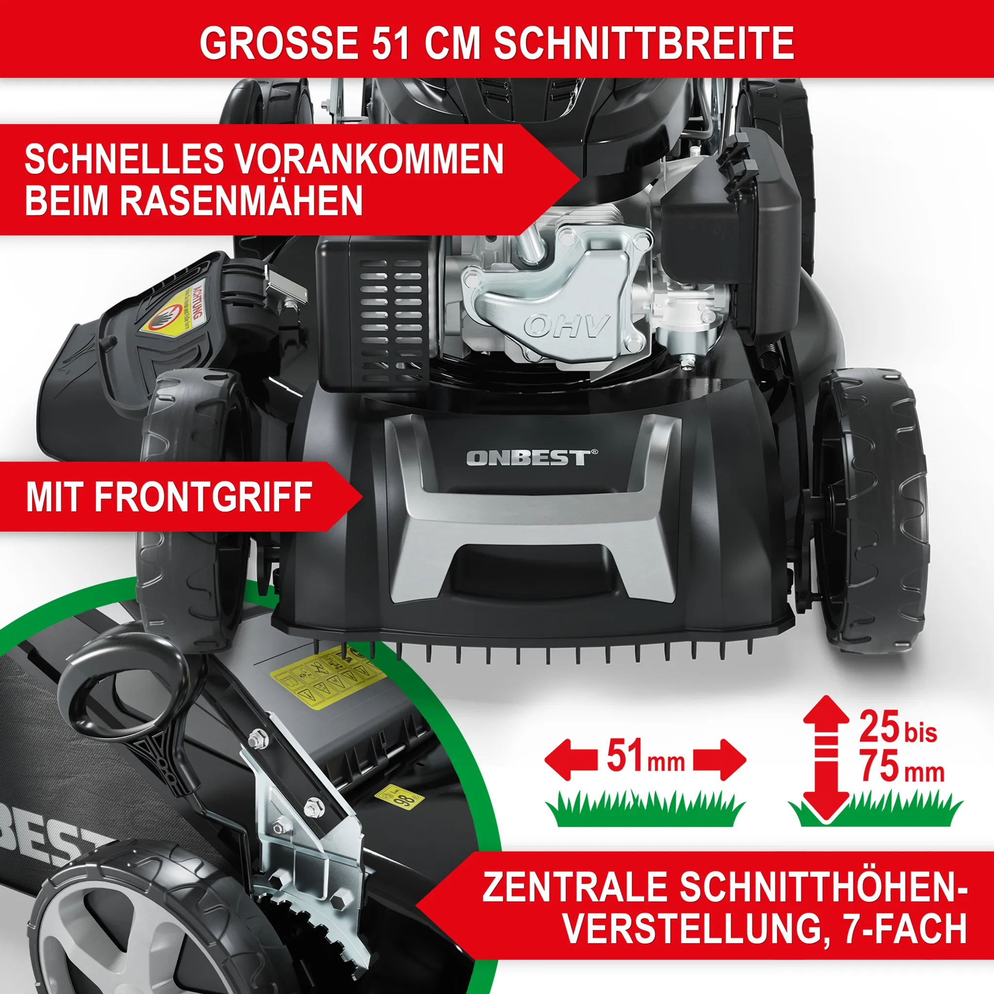 ONBEST Benzin Rasenmäher mit Antrieb TXC-3651 | 51 cm Schnittbreite | 6,5 PS | Doppelmesser | 5in1 | Mulchkit | 60L Fangkorb – Bild 6