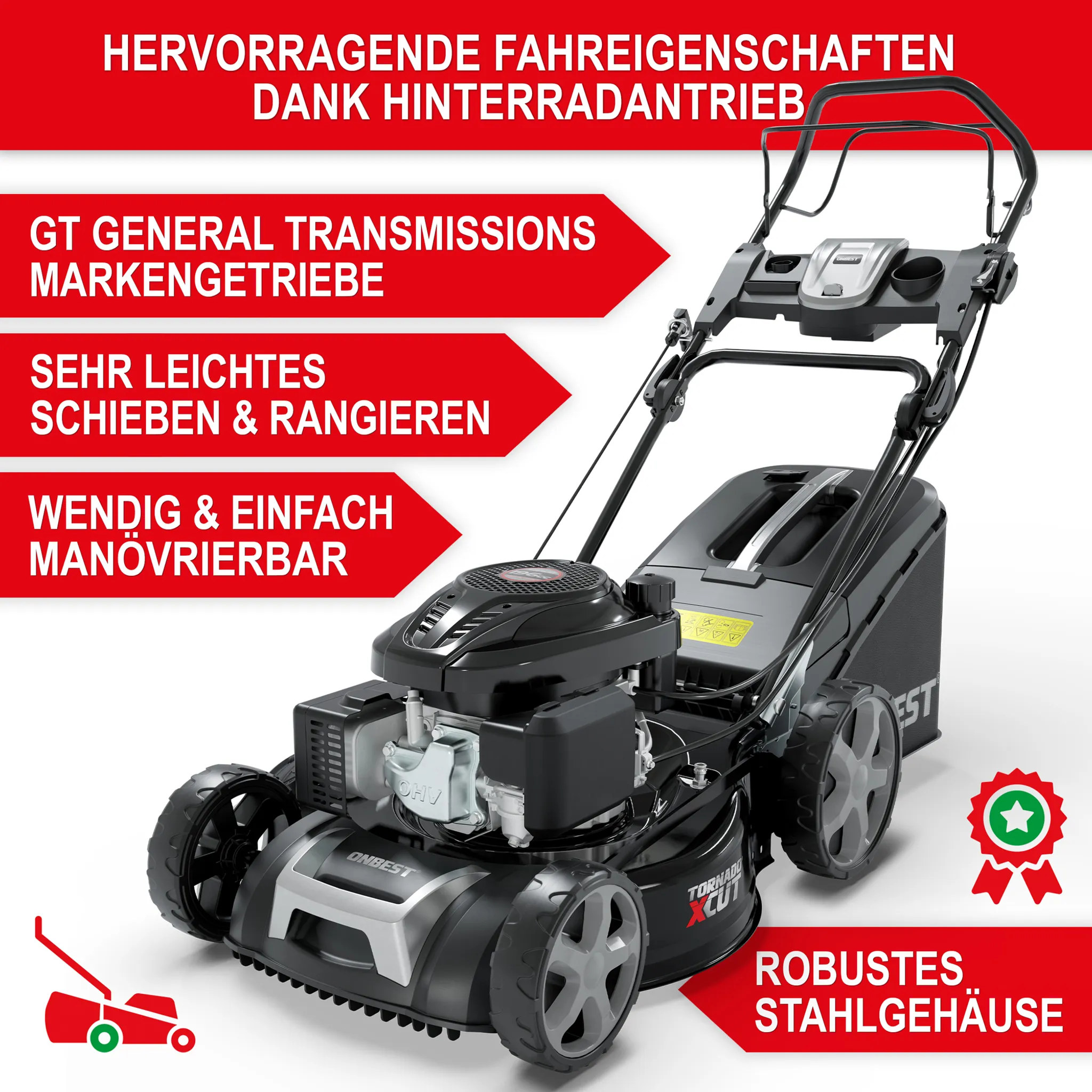 ONBEST Benzin Rasenmäher mit Antrieb TXC-3651 | 51 cm Schnittbreite | 6,5 PS | Doppelmesser | 5in1 | Mulchkit | 60L Fangkorb – Bild 3