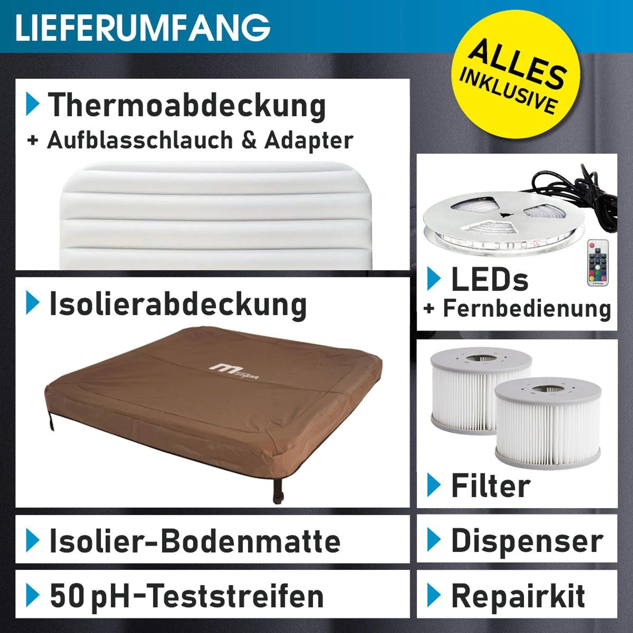 BRAST Whirlpool MSpa Oslo Amber mit Fester Außenwand | LED-Beleuchtung in 20 Farben für 6 Personen | 160x160x65cm | 120 Massagedüsen | Ganzjähriger Einsatz Winterfest | In & Outdoor Pool – Bild 9