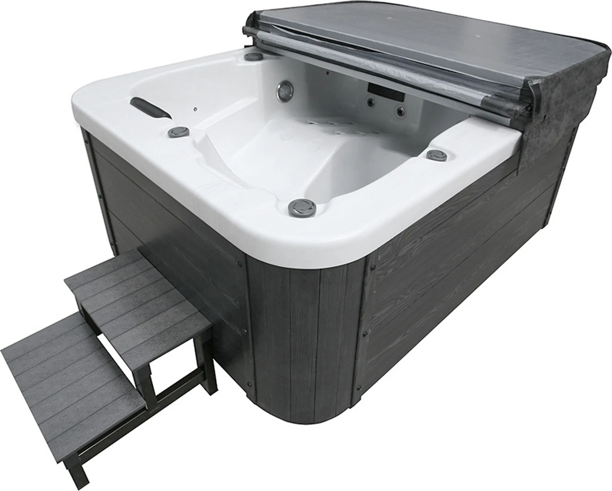 HOME DELUXE - Outdoor Whirlpool - White Marble Plus Treppe und Thermoabdeckung - Maße 210 x 160 x 85 cm - Inkl. Heizung, 27 Massagedüsen und 9 Lichtquellen I Außen Whirlpool Spa für 3 Personen – Bild 6