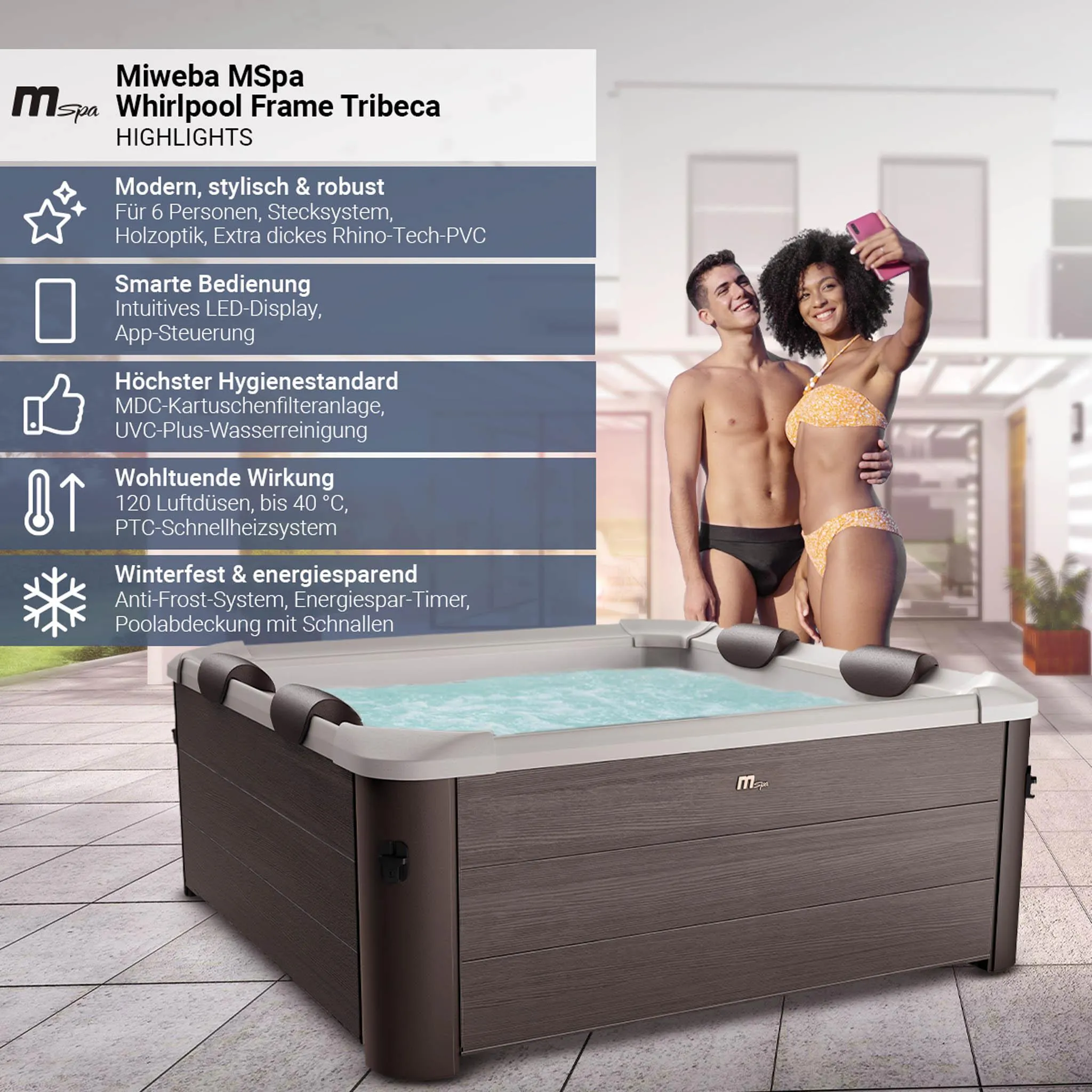 Miweba MSpa Whirlpool Frame Tribeca | 6 Personen - App - Holzoptik - Pool - Spa - Outdoor - Massagedüsen - Jacuzzi - UVC+ Reinigung - PTC Heizung – Bild 2