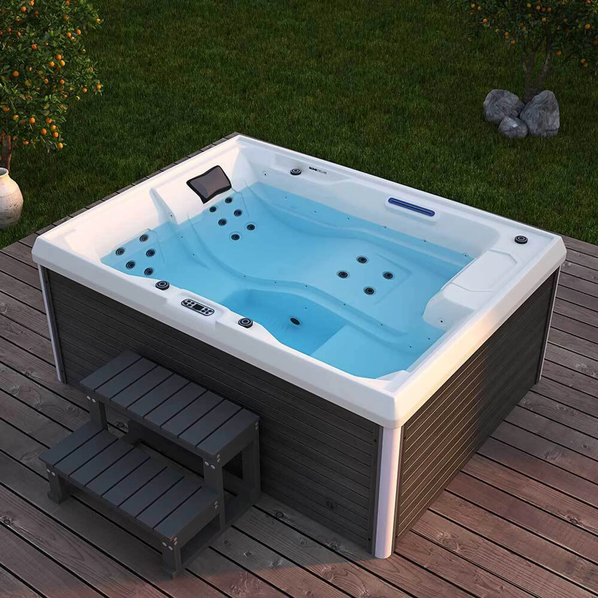 HOME DELUXE - Outdoor Whirlpool - STREAM PLUS Treppe und Thermoabdeckung - Maße: 211 x 157 x 75 cm - Inkl. Heizung, 24 Massagedüsen und 4 äußeren Lichtquellen I Außen Whirlpool Spa für 3 Personen – Bild 3
