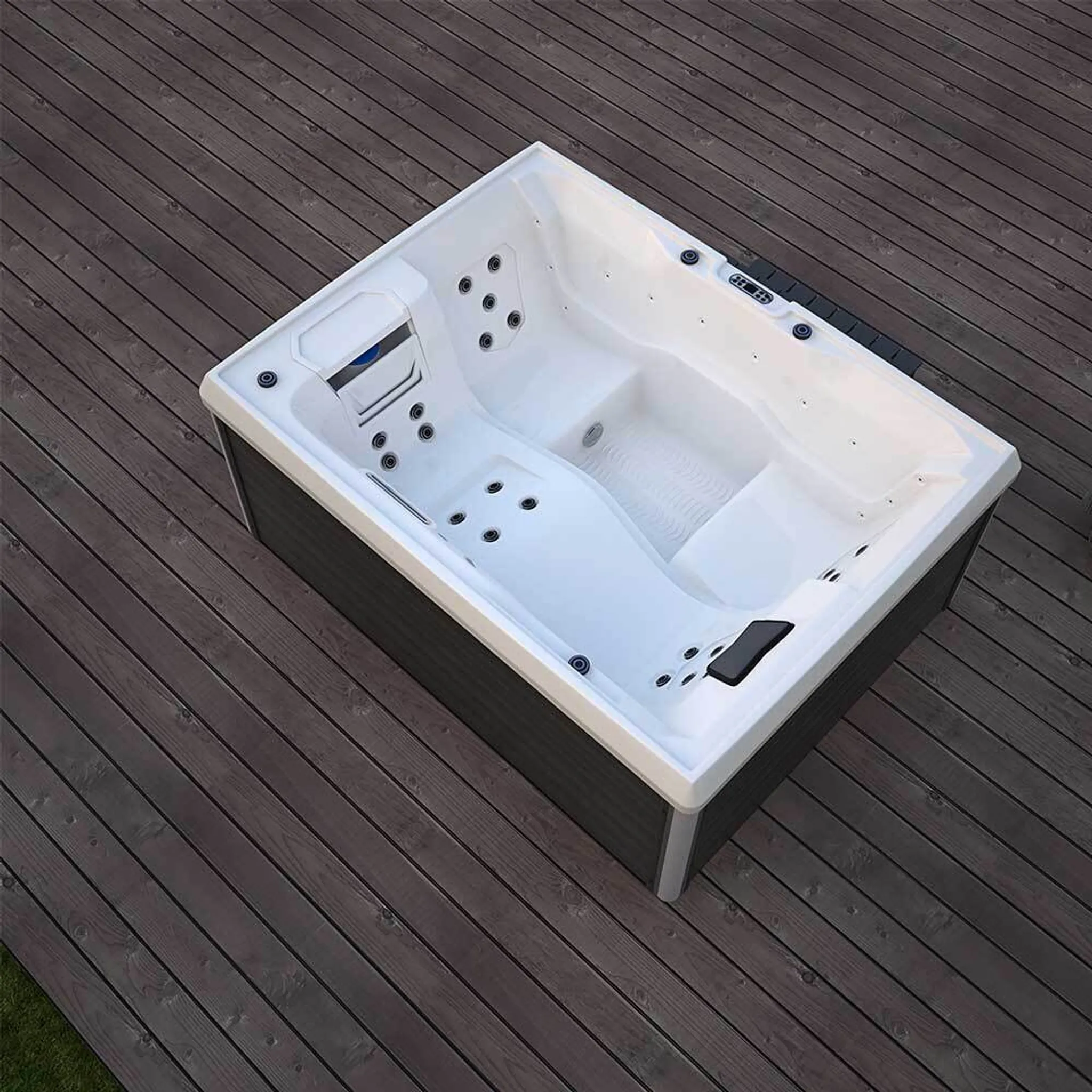HOME DELUXE - Outdoor Whirlpool - STREAM PLUS Treppe und Thermoabdeckung - Maße: 211 x 157 x 75 cm - Inkl. Heizung, 24 Massagedüsen und 4 äußeren Lichtquellen I Außen Whirlpool Spa für 3 Personen – Bild 8