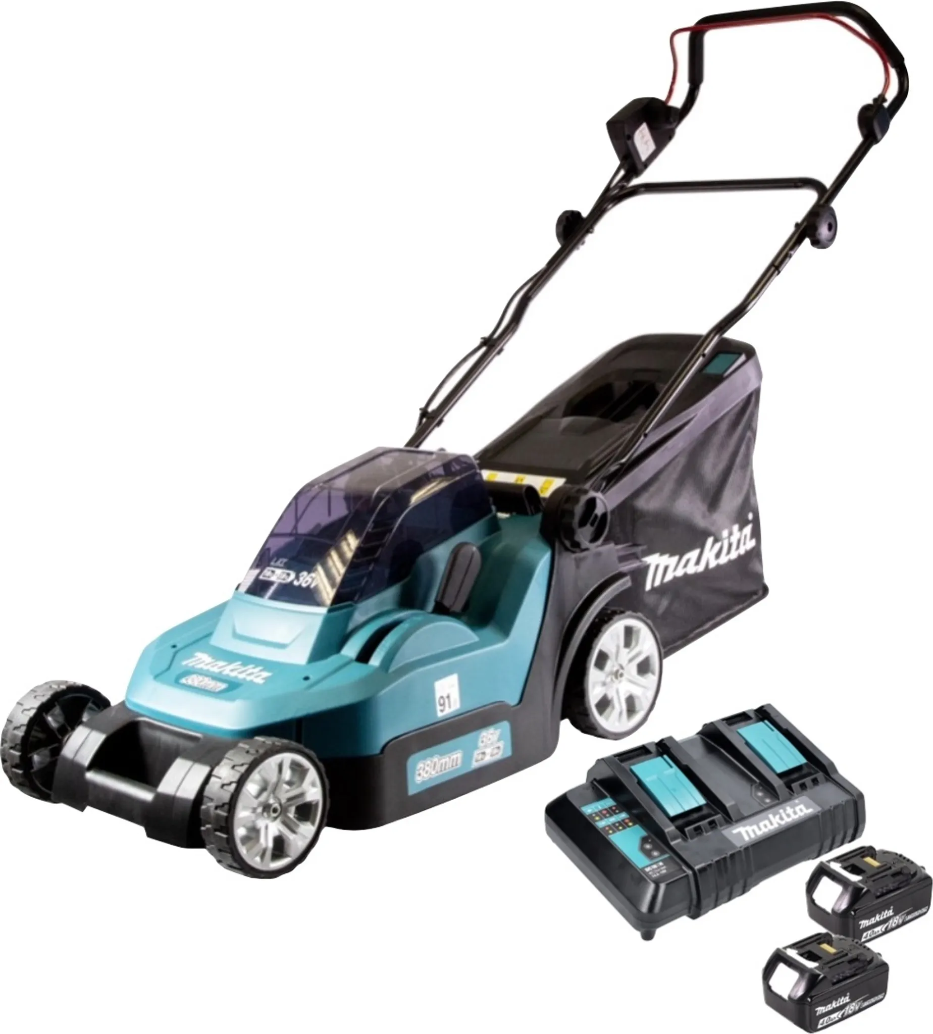 Makita Akku Rasenmäher Gartengeräte DLM382CM2 36 Volt 2 Akkus 4 Ah Schnittbreite 38 cm für Gartenpflege