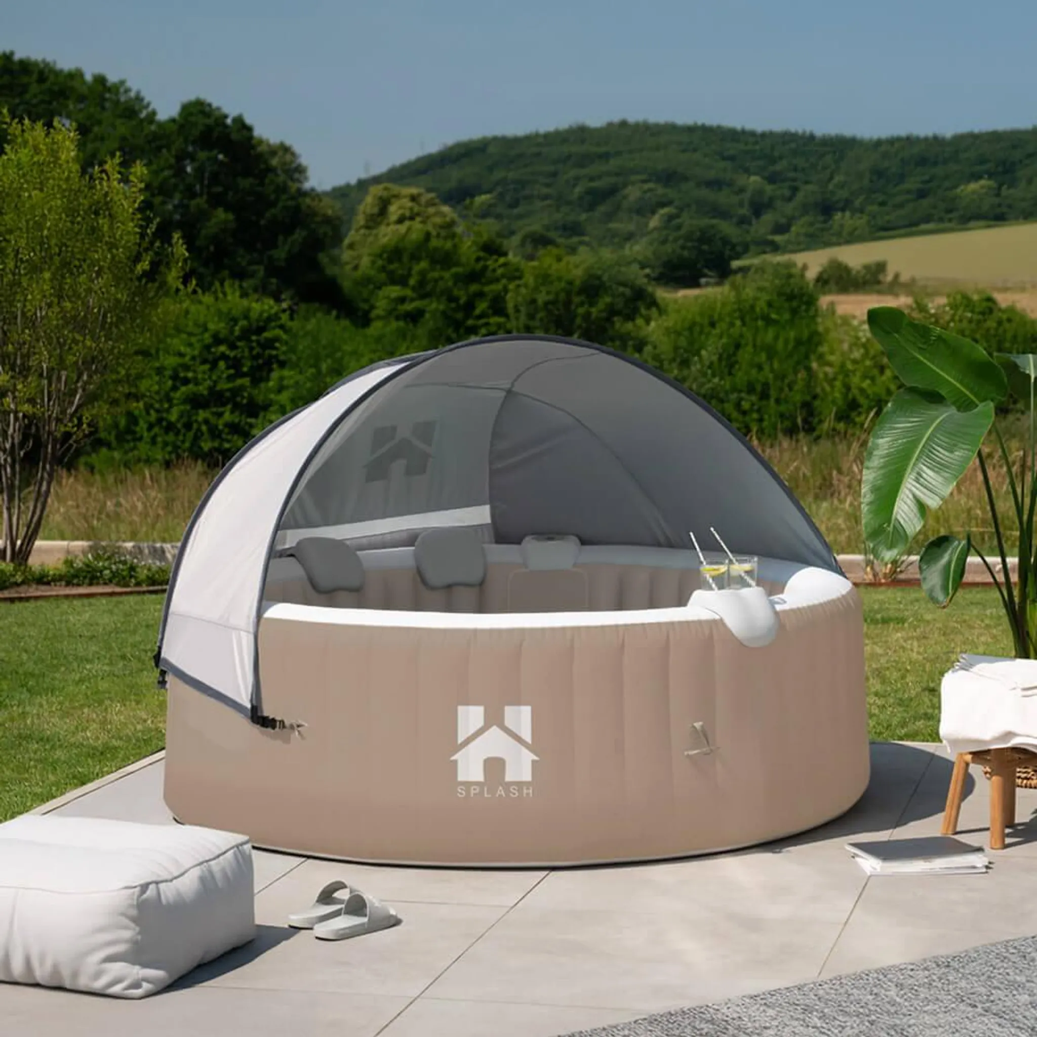 HOME DELUXE - Outdoor Whirlpool - SPLASH + Kissen, Getränkehalter und Sonnendach - Farbe: Beige - ⌀ 208 cm, 130 Luftdüsen - inkl. Abdeckung, Reparaturset, Filterset I Außen Spa für 6 Personen – Bild 2