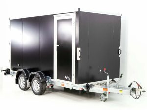 Vezeko Koffer-Absenkanhänger 157x344cm Höhe: 190cm 2,7t | Tür | E-Pumpe | Schwarz-Neu